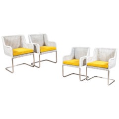 Set of Four Harvey Probber Style White Wicker Chairs with Yellow Cushions