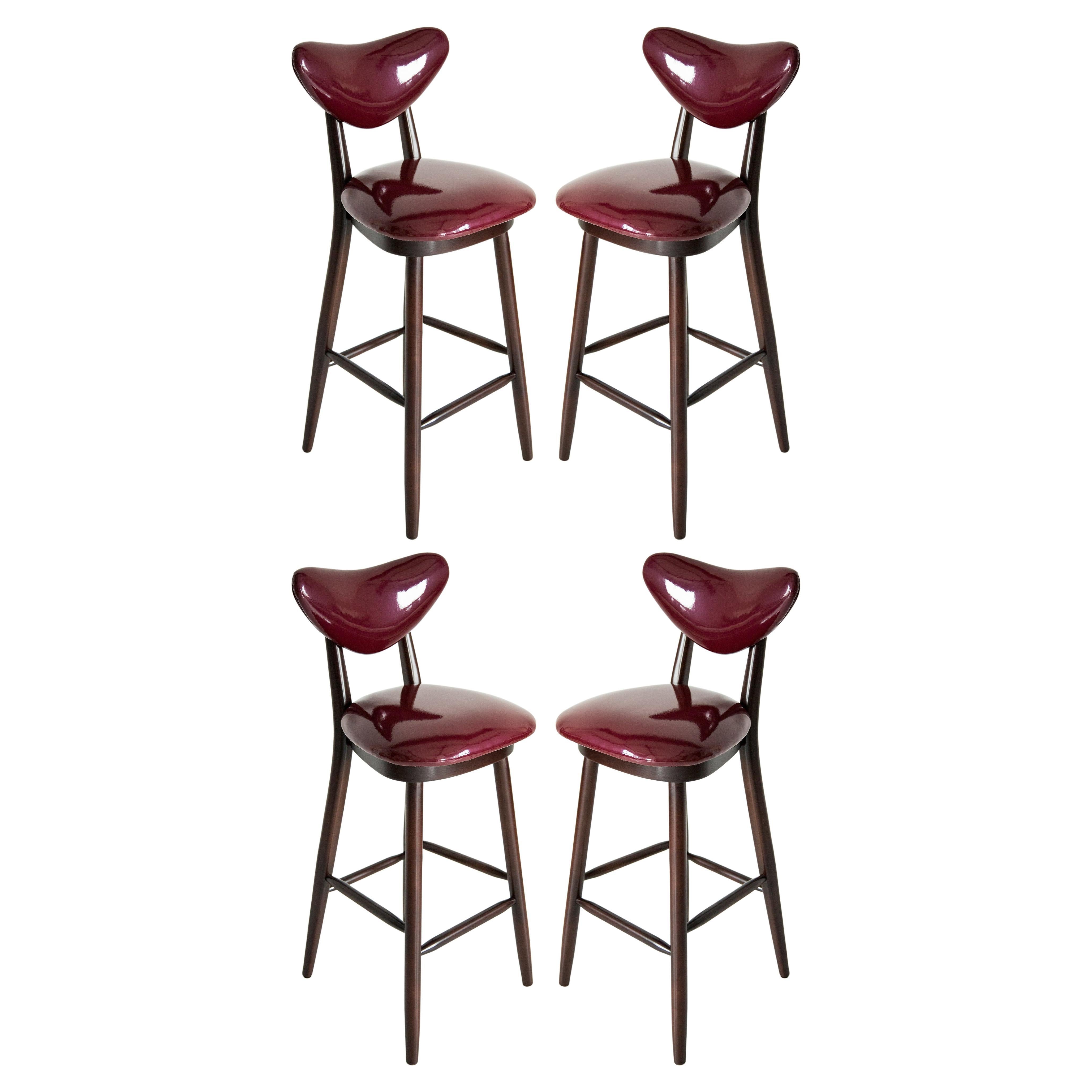 Set of Four Heart Bar Stools, Burgundy, by Vintola Studio, Europe, Poland.