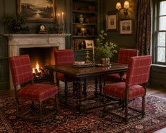 Set of Four Henry II Style Upholstered Dining Chairs in Red Wool Plaid