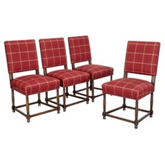 Set of Four Henry II Style Upholstered Dining Chairs in Red Wool Plaid