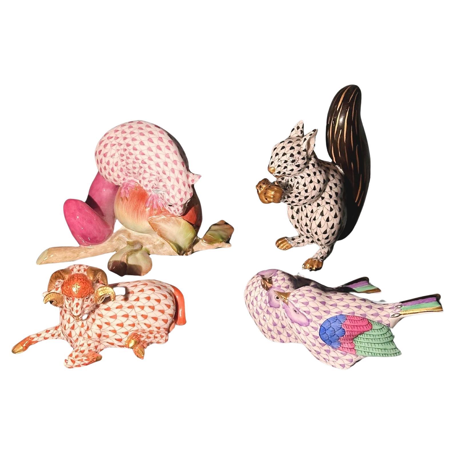 Set von vier Herend Ungarn Porzellan-Tierfiguren aus Porzellan