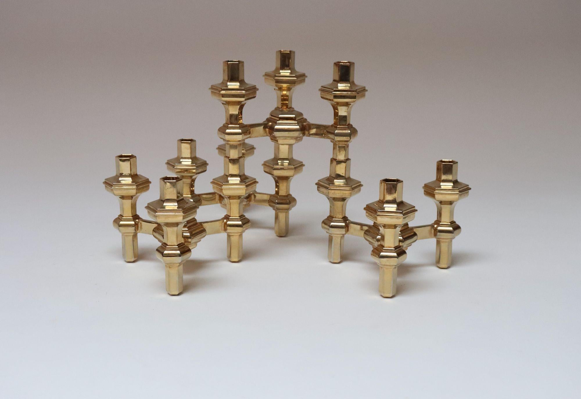 German Set of Four Hexagonal-Form Stackable Brass Candleholders by Nagel Geschenke For Sale