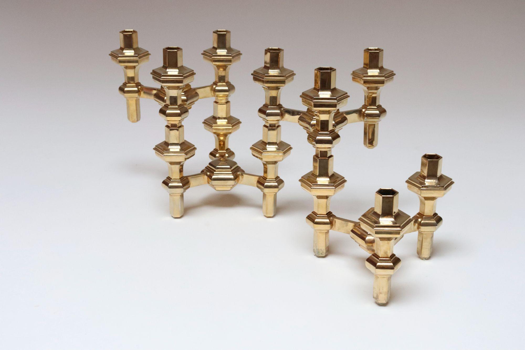 Set of Four Hexagonal-Form Stackable Brass Candleholders by Nagel Geschenke In Good Condition For Sale In Brooklyn, NY