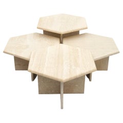 Set of Four Hexagonal Travertine Side or Coffee Tables, Italy 1970s