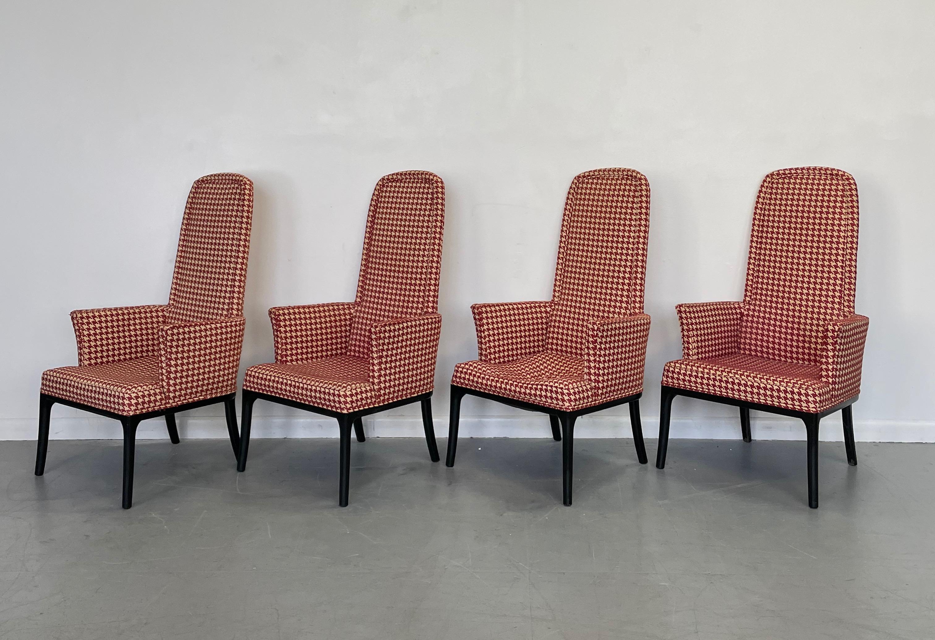 Elegant set of four high backed armchairs that can be used as dining chairs or game table chairs. Lovely design with slender lags and a high back that makes for a beautiful profile. These chairs have the original fabric and finish, both need