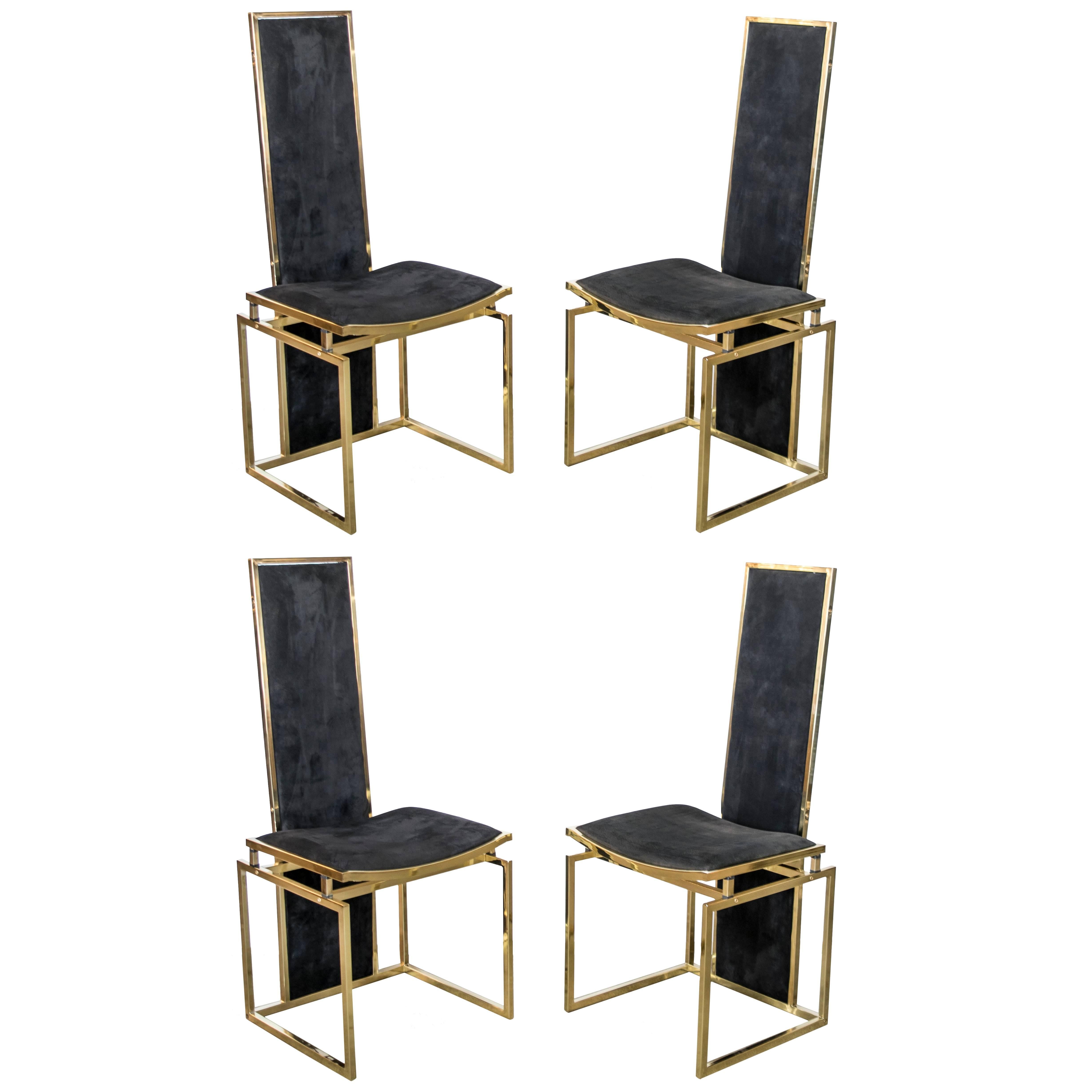 Set of Four High Back Brass Dining or Side Chairs by Willy Rizzo For Sale