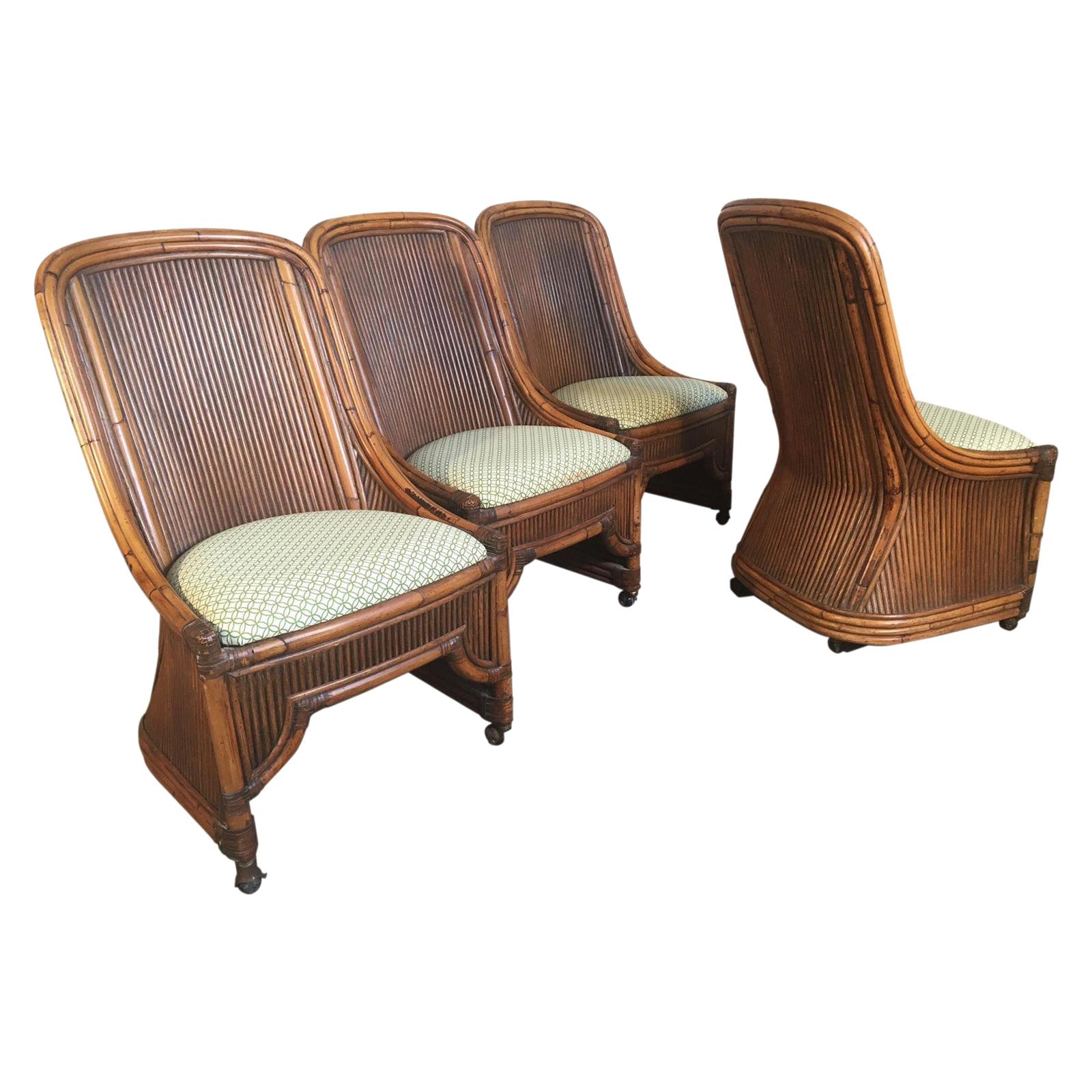 Set of Four High Back Rattan and Bamboo Sculptural Dining Chairs For