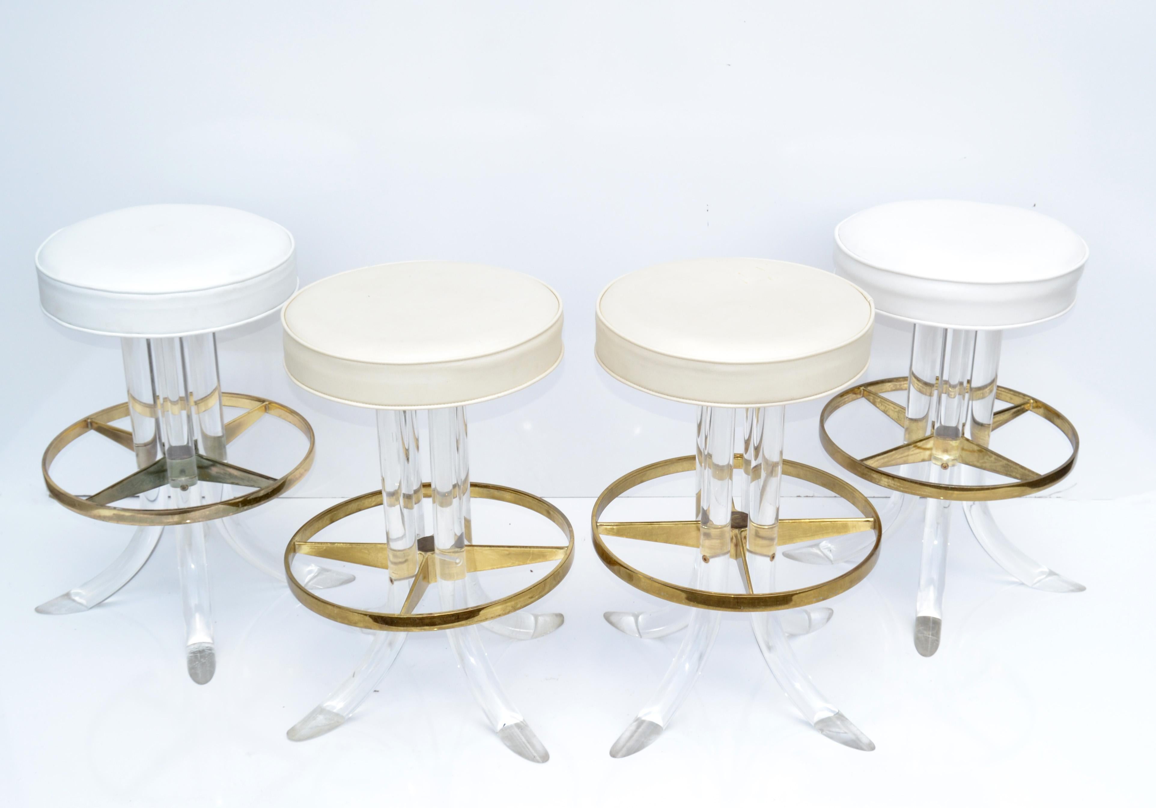 Set of Four Hill Manufacturing Swivel Lucite Bar Stool Brass Plated Footrest  10