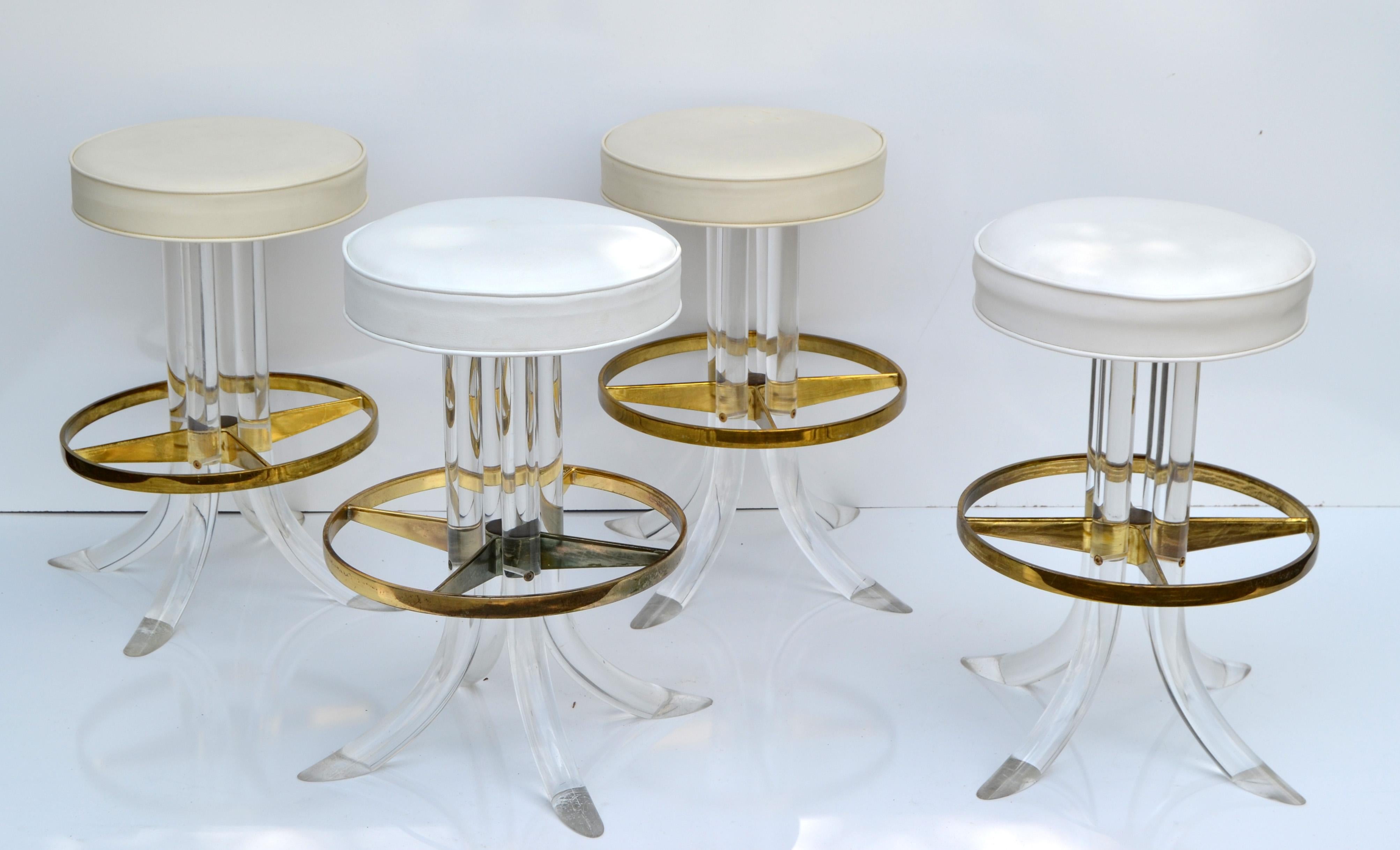 Set of Four Hill Manufacturing Swivel Lucite Bar Stool Brass Plated Footrest  11