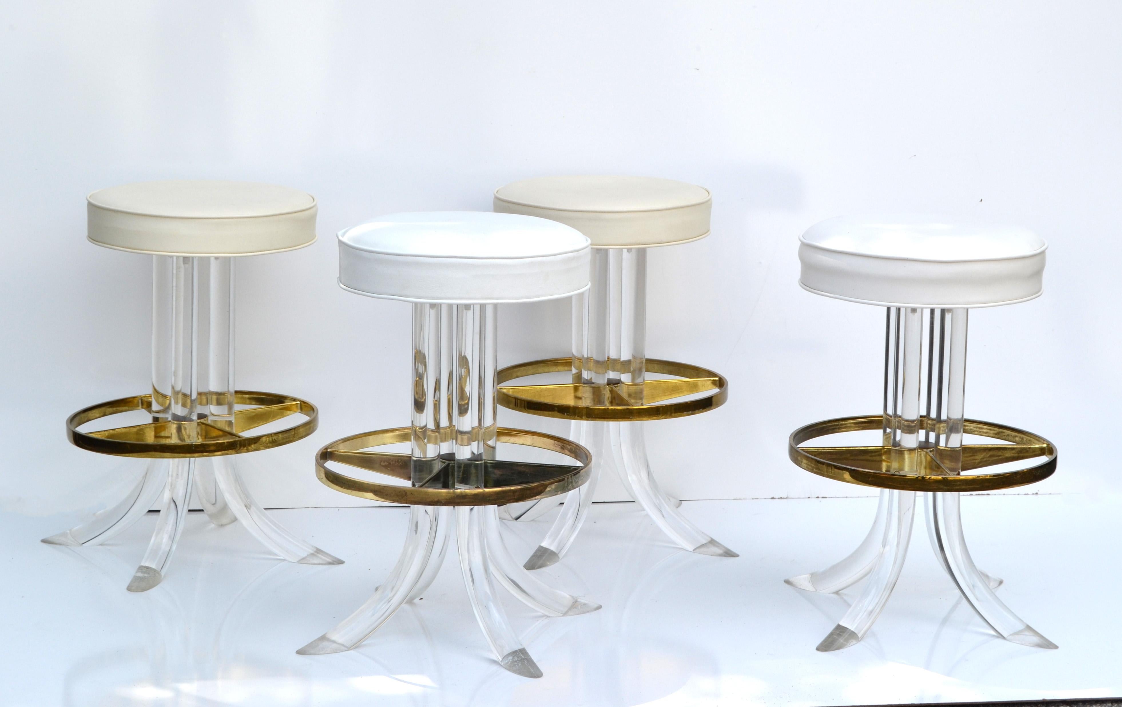 Mid-Century Modern Set of Four Hill Manufacturing Swivel Lucite Bar Stool Brass Plated Footrest 