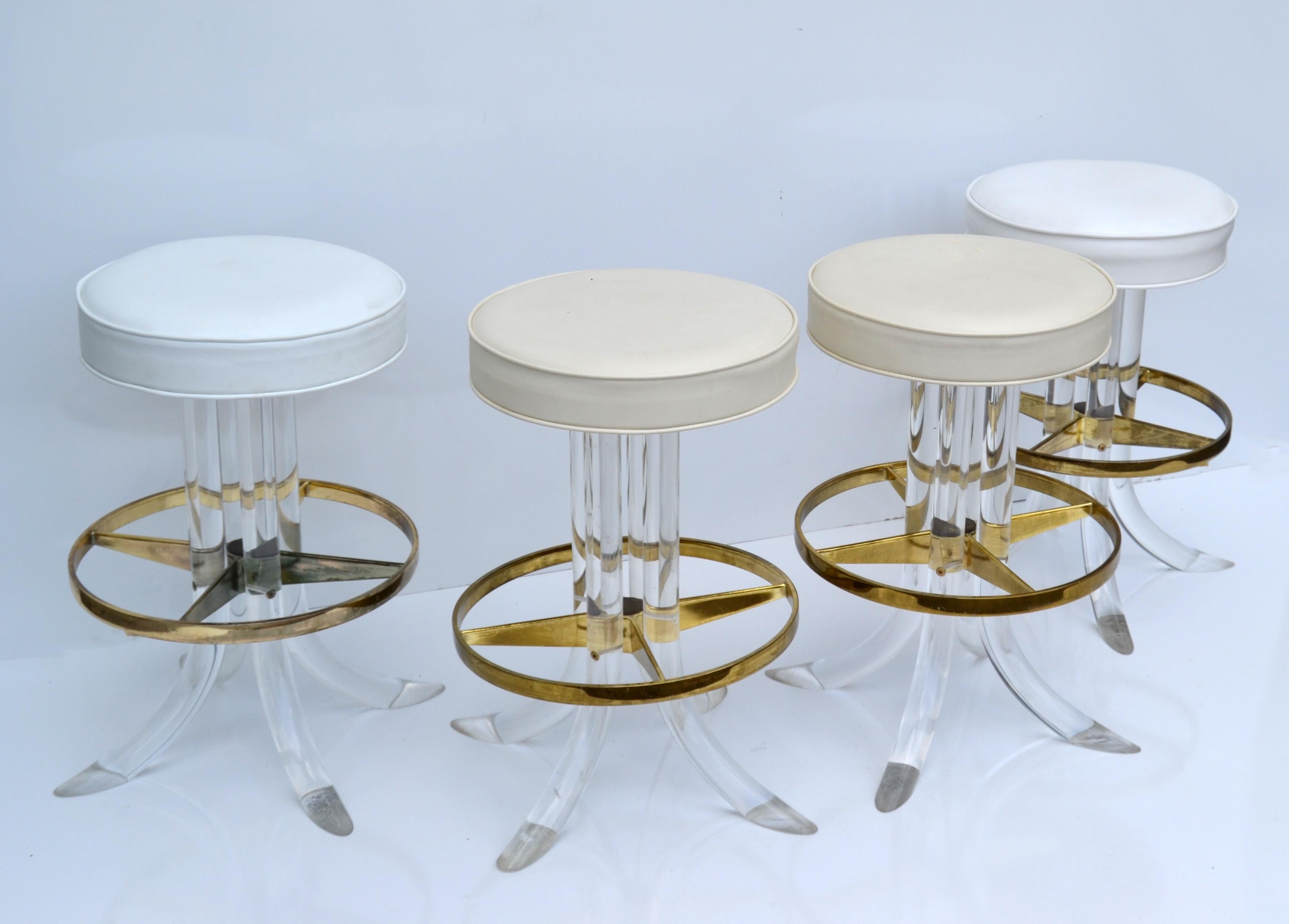 American Set of Four Hill Manufacturing Swivel Lucite Bar Stool Brass Plated Footrest 