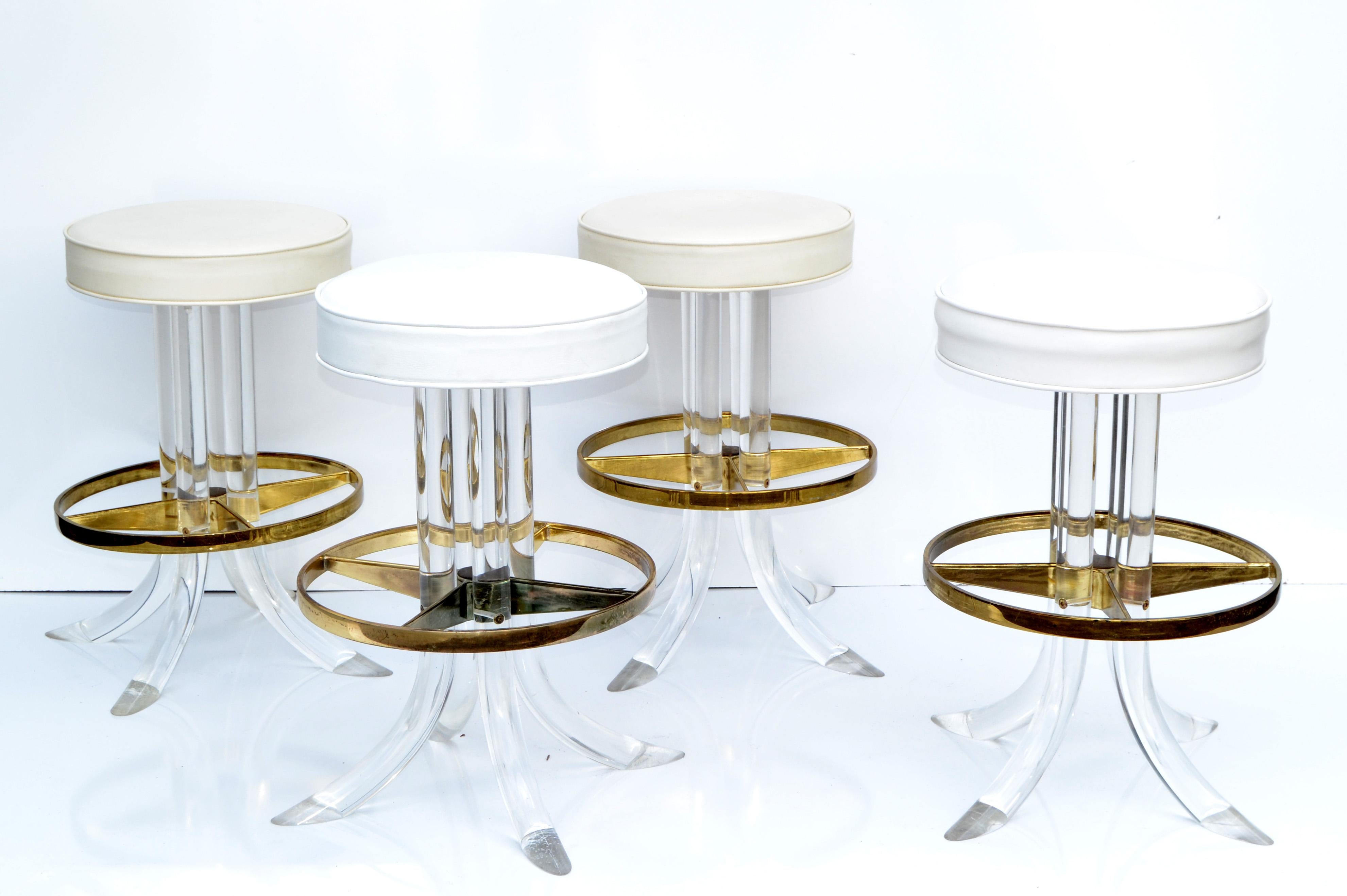 Late 20th Century Set of Four Hill Manufacturing Swivel Lucite Bar Stool Brass Plated Footrest 