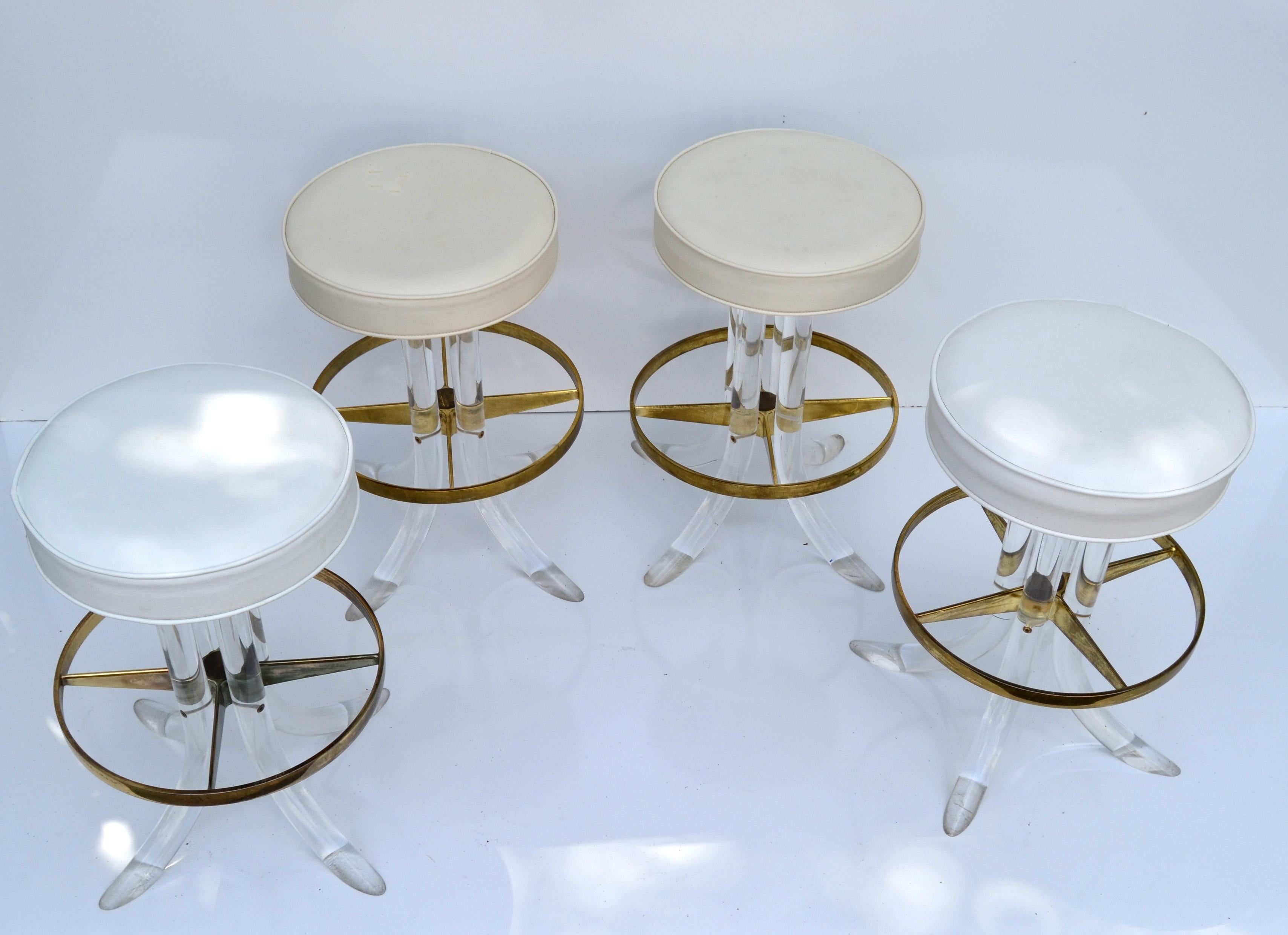 Set of Four Hill Manufacturing Swivel Lucite Bar Stool Brass Plated Footrest  2