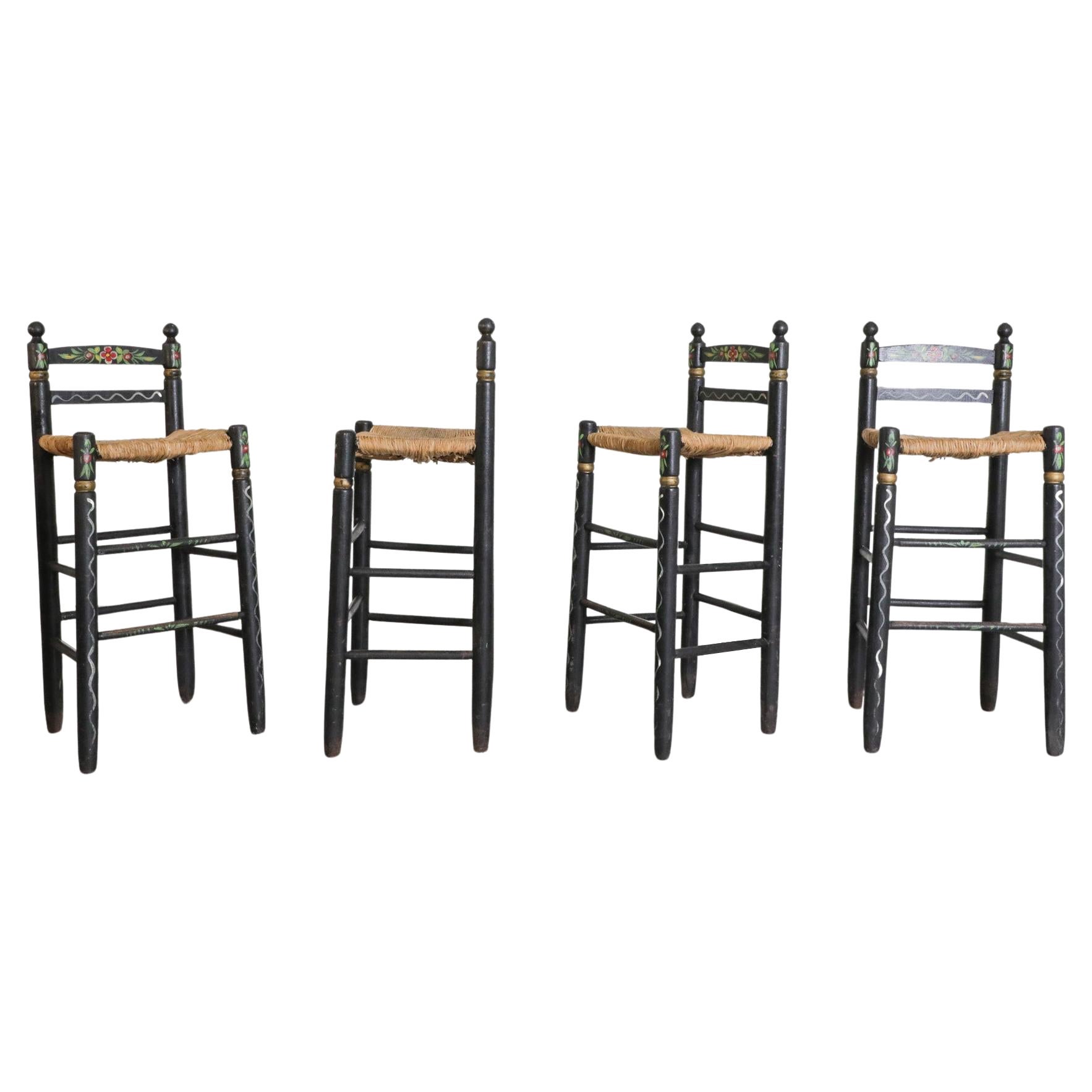 Set of Four Hindeloopen Rush Counter Height Stools with Painted Designs