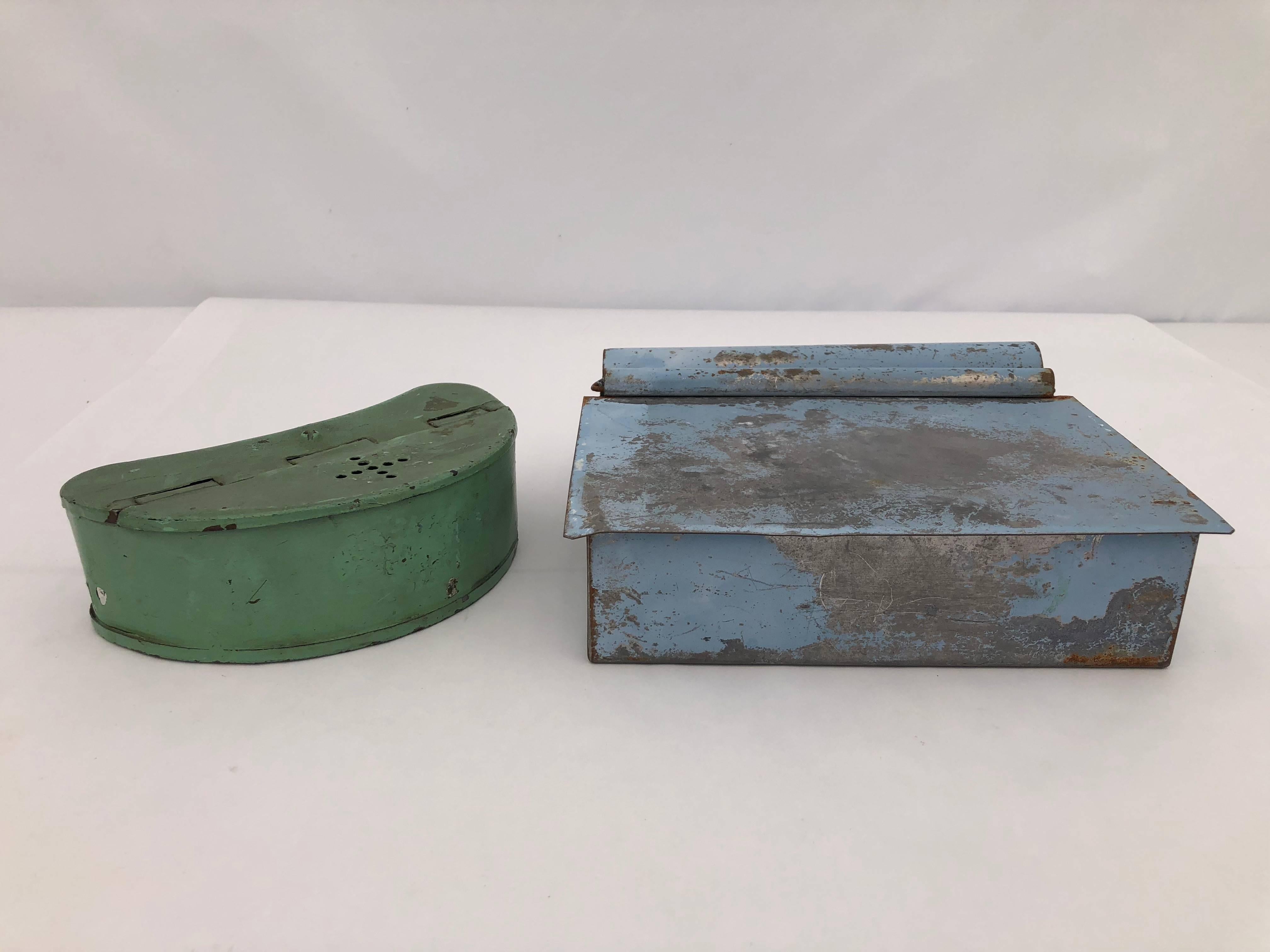 20th Century Set of Four Hinged Tin Boxes Blue, Green, Yellow, Brown For Sale