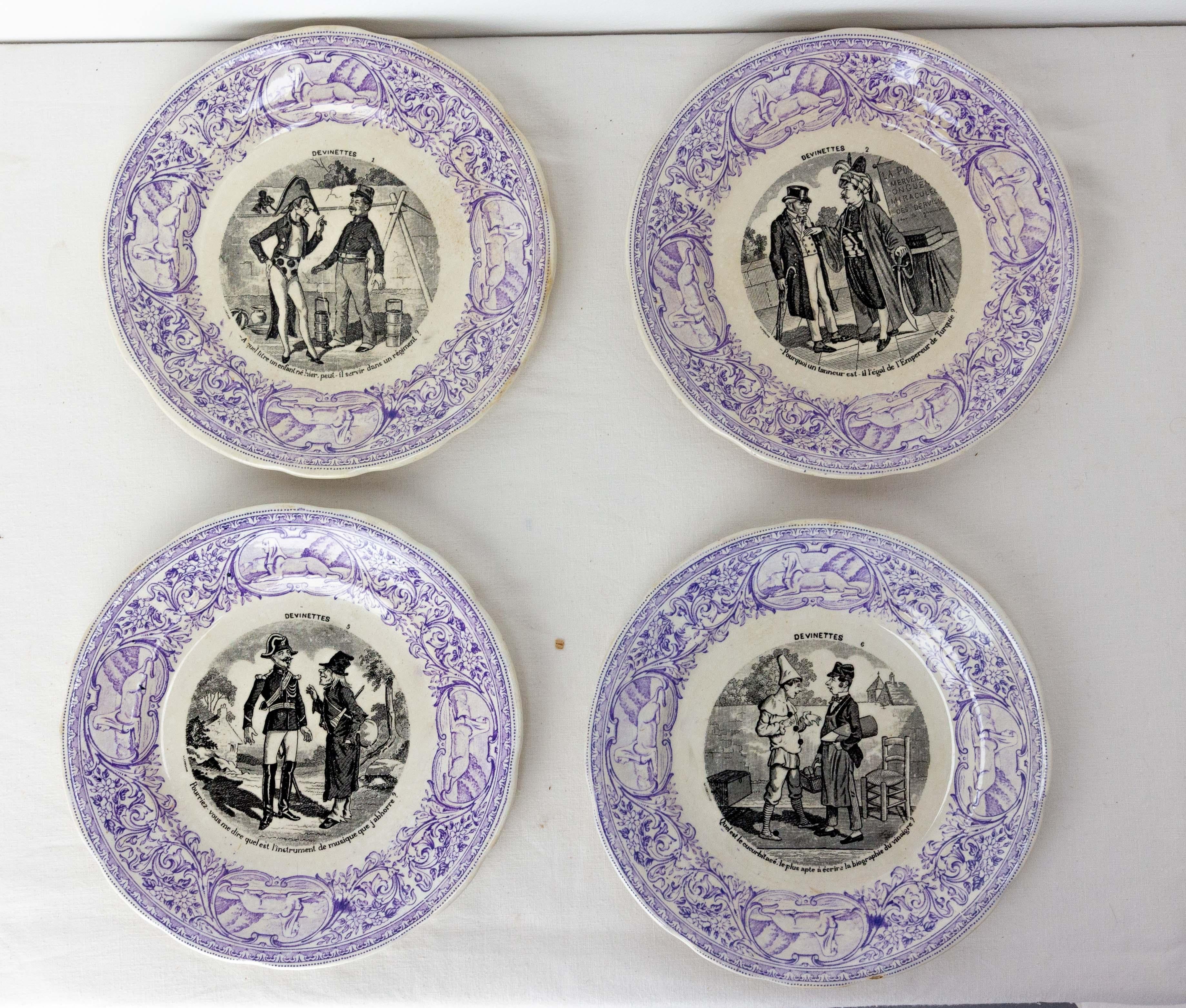 French set of four faience plates, made in the manufacture of Sarreguemines in the late 19th century.
This set of historyzed plates has on each plate a riddle: one of the two characters tells it to a listener (the answers are on the back of each