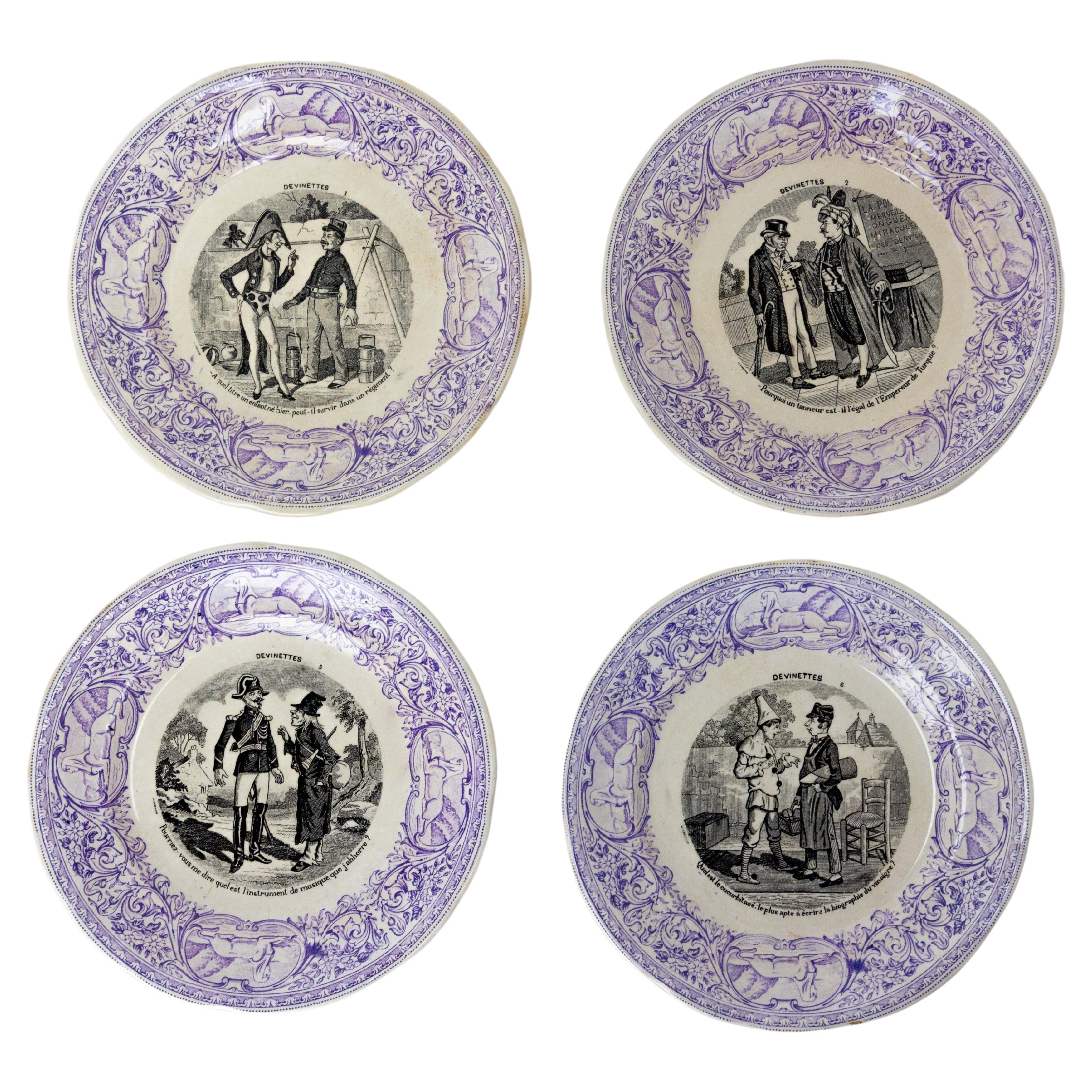 Set von vier historischen Szenen mit Guess-Fayence-Tellern, Frankreich, 19. Jahrhundert im Angebot
