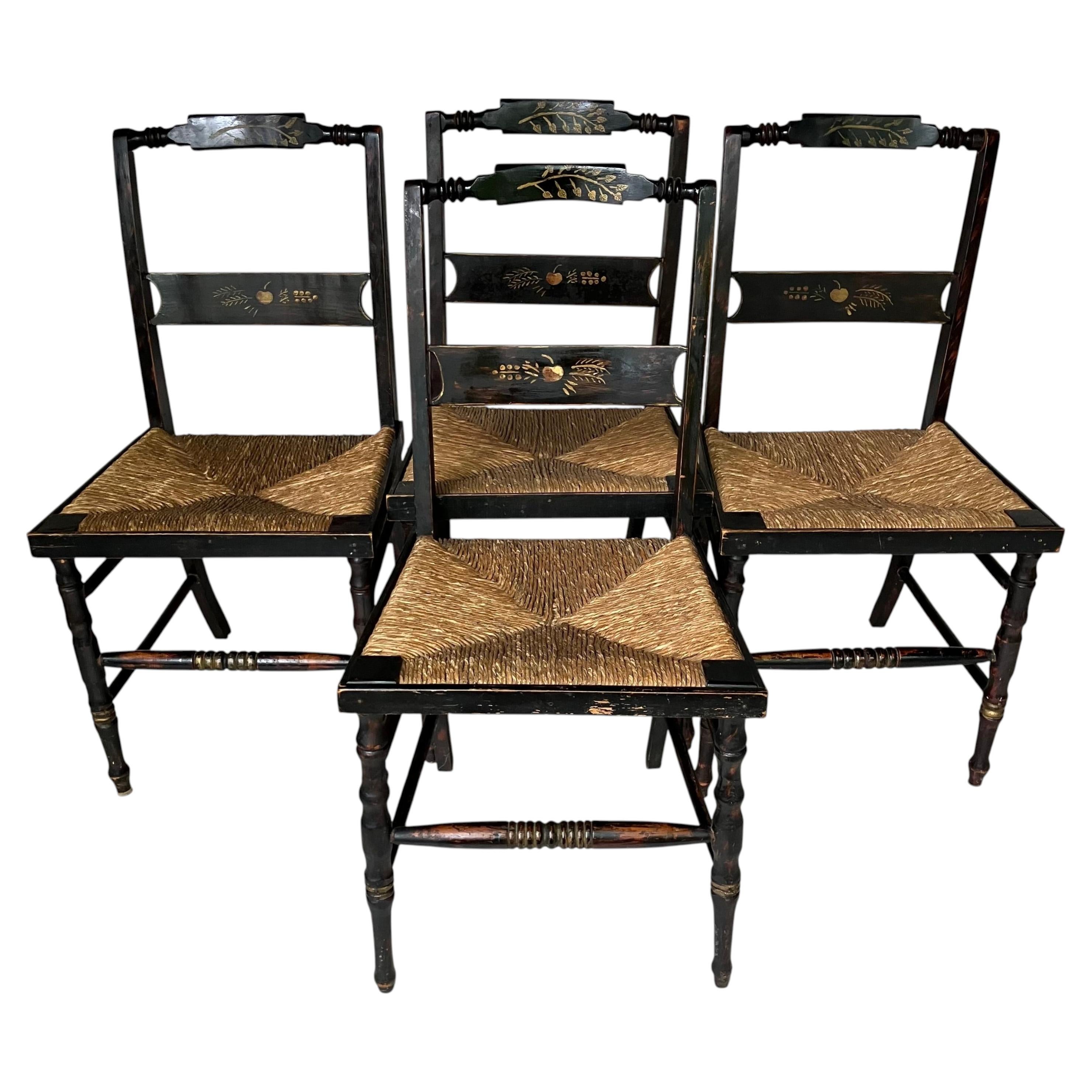 Set of Four Hitchcock Chairs With Woven Rush Seats