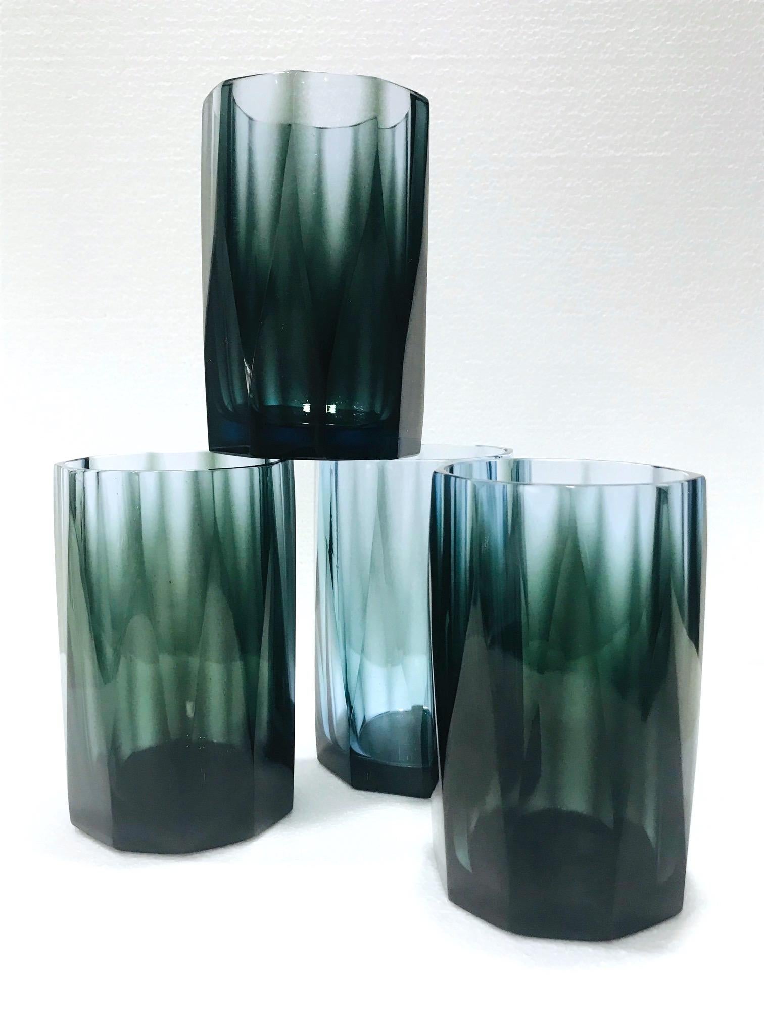 Polish Set of Four Hollywood Regency Barware Glasses with Faceted Design in Blue-Grey