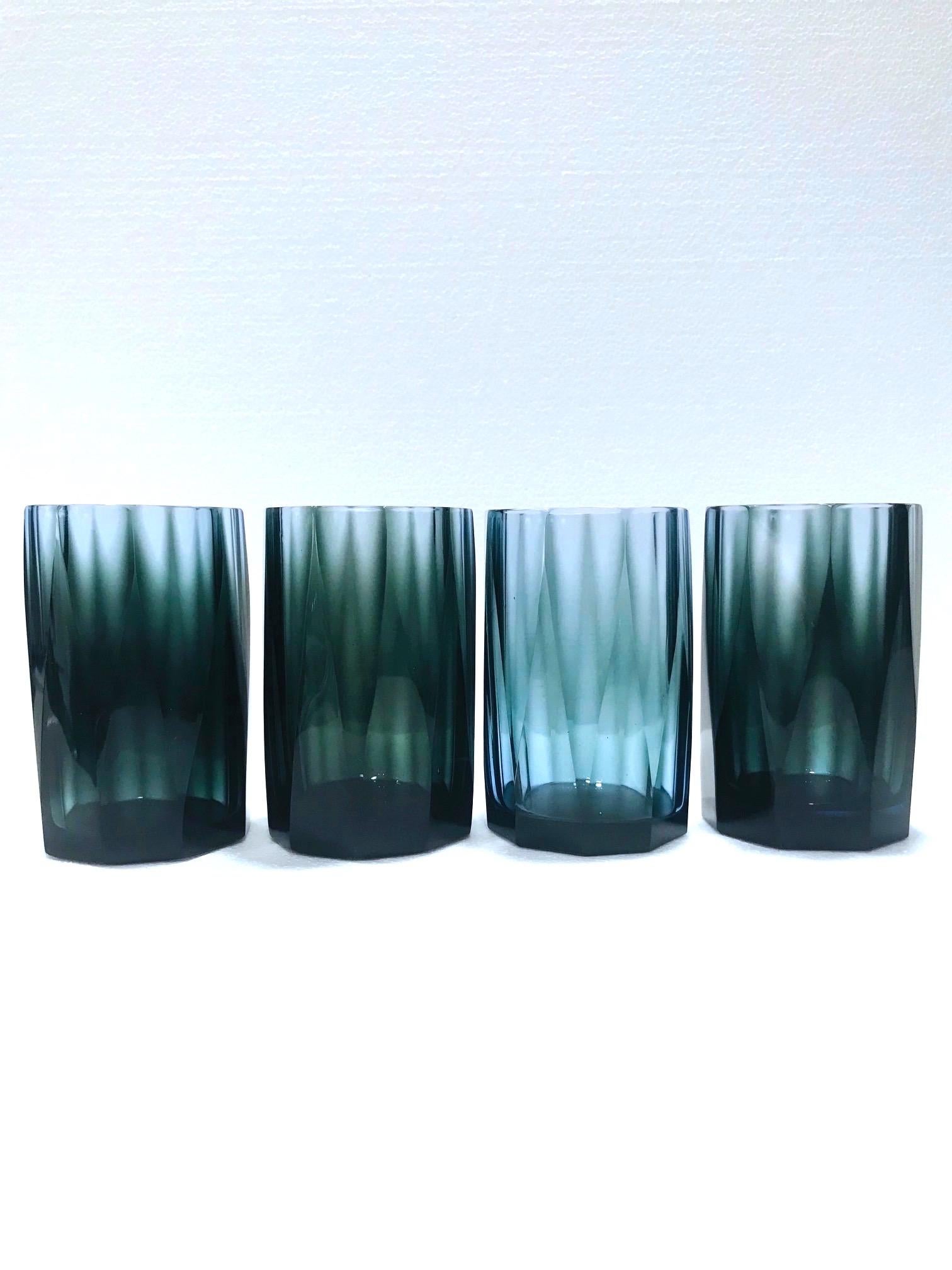 Set of Four Hollywood Regency Barware Glasses with Faceted Design in Blue-Grey 1