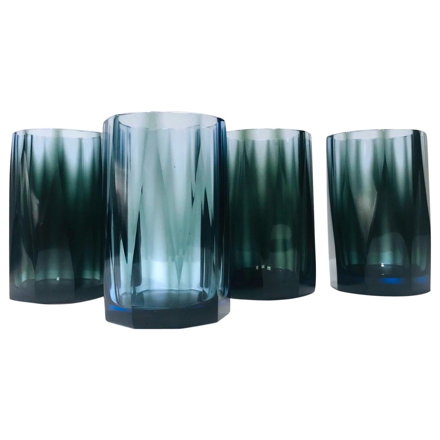 Set of Four Hollywood Regency Barware Glasses with Faceted Design in Blue-Grey