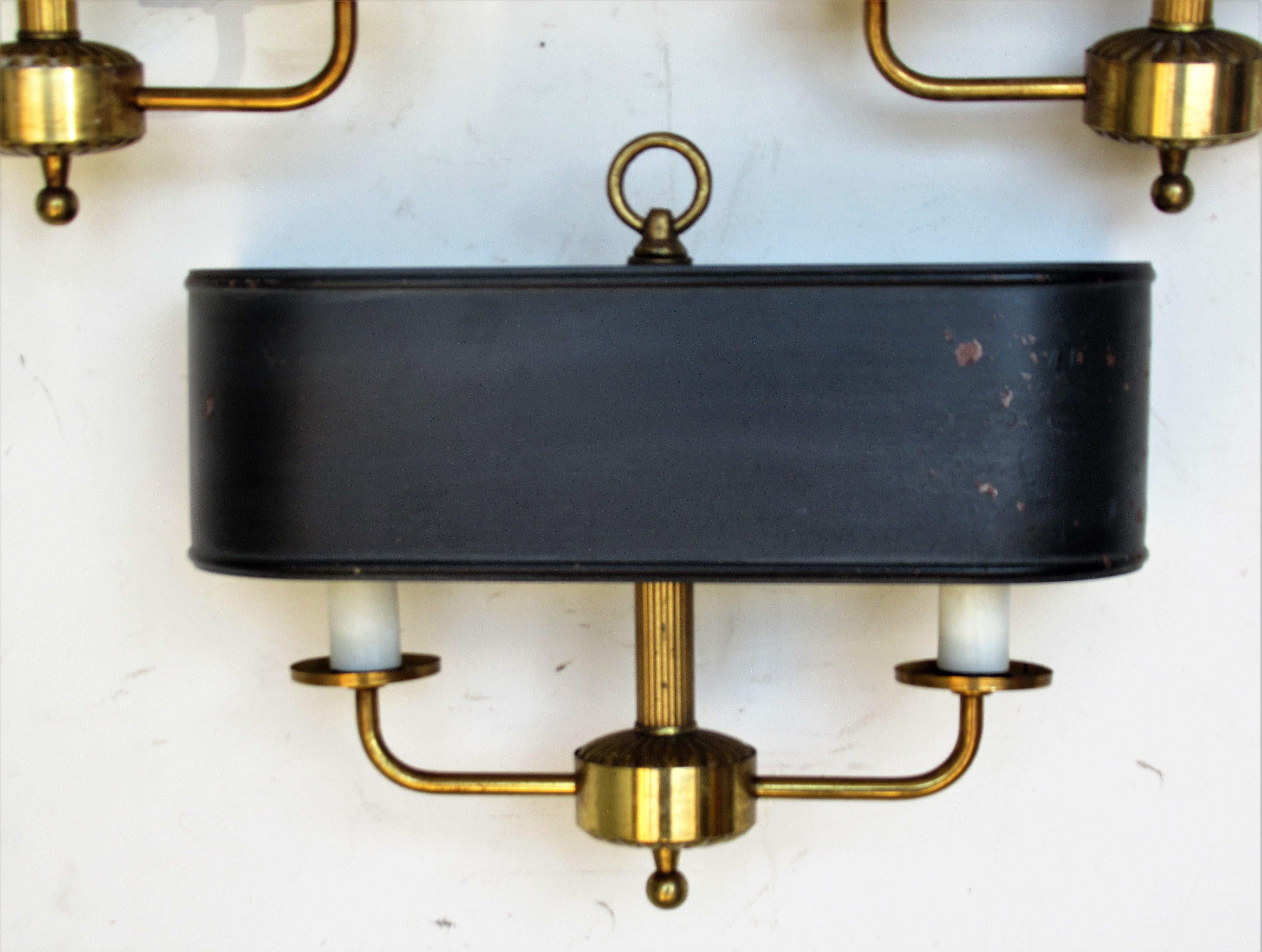 Matched set of high style Hollywood Regency Bouillotte type brass wall light sconces with exterior black and interior pale gray painted metal shades - circa 1940-1960. All original vintage as found. Look at all pictures and read condition report in