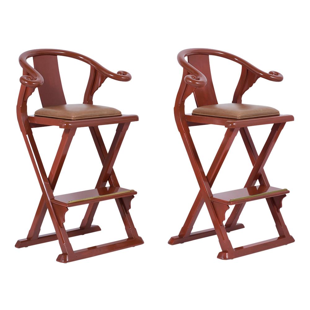 This set of four mid-century bar stools is handcrafted out of maple wood with unique handcrafted frames and has been professionally restored by our team of expert craftsmen. These modern stool frames are painted in oxblood red color with a newly