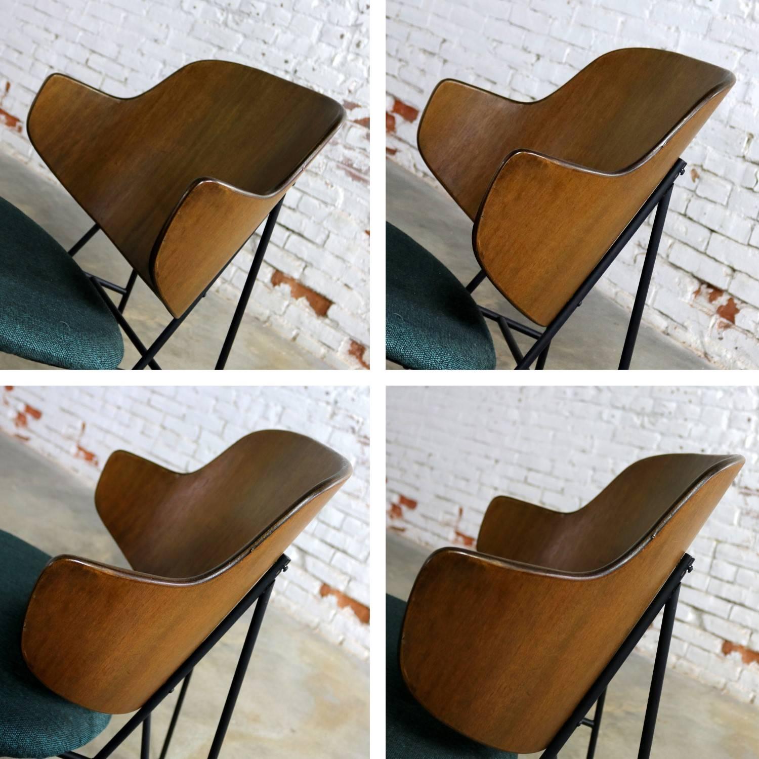 Set of Four Ib Kofod-Larsen Penguin Chairs Walnut Molded Backs Turquoise Seats 4