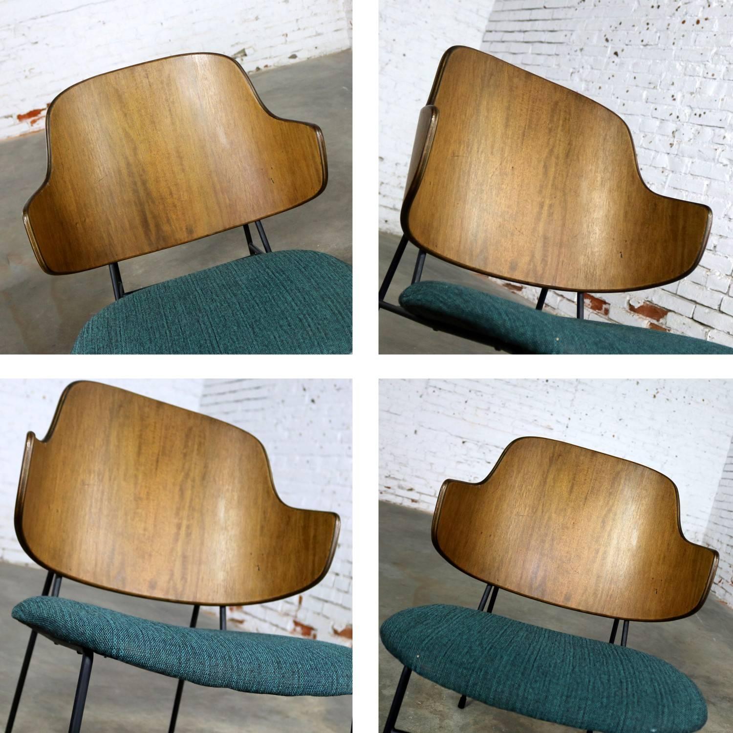 Set of Four Ib Kofod-Larsen Penguin Chairs Walnut Molded Backs Turquoise Seats 5