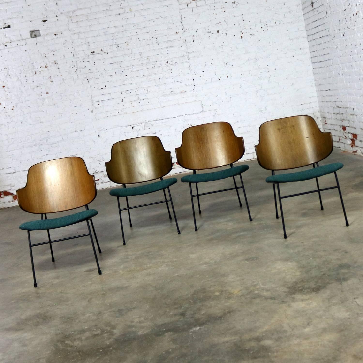 Mid-Century Modern Set of Four Ib Kofod-Larsen Penguin Chairs Walnut Molded Backs Turquoise Seats
