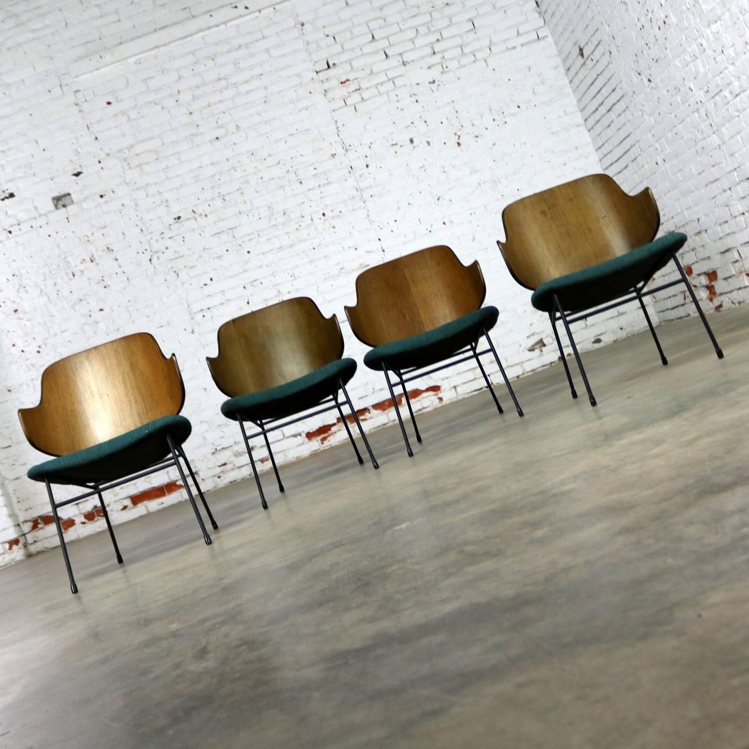 Danish Set of Four Ib Kofod-Larsen Penguin Chairs Walnut Molded Backs Turquoise Seats