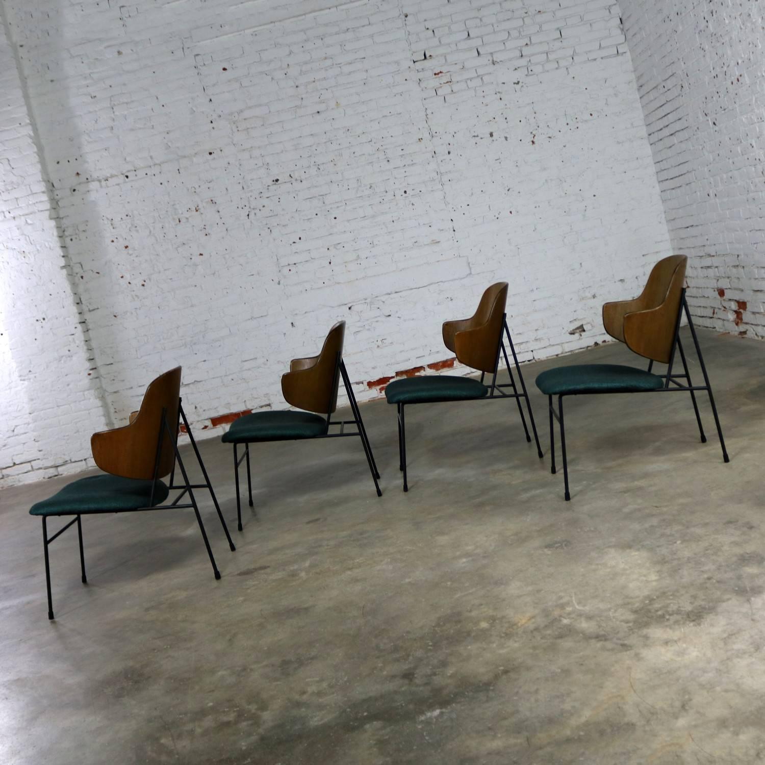 20th Century Set of Four Ib Kofod-Larsen Penguin Chairs Walnut Molded Backs Turquoise Seats