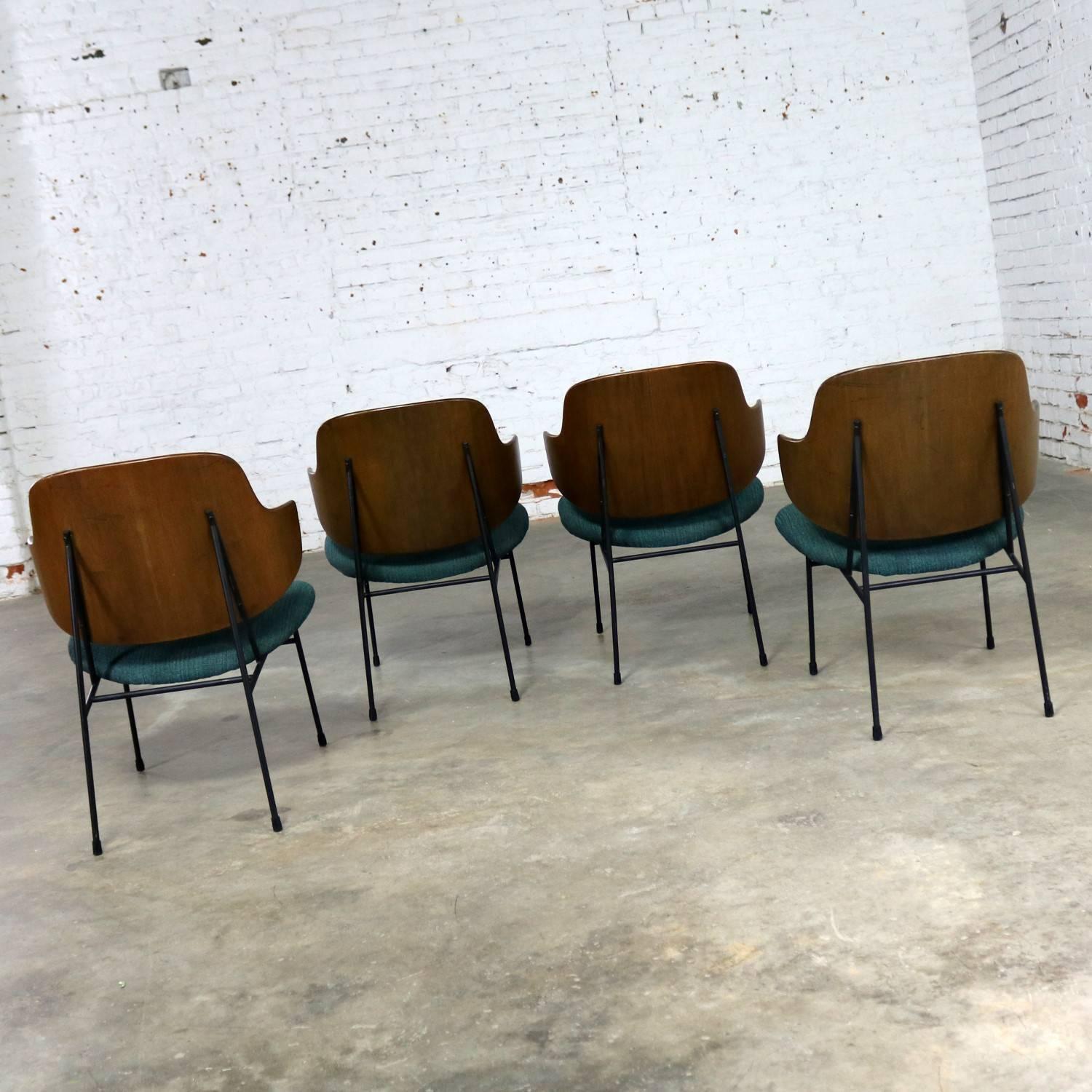 Fabric Set of Four Ib Kofod-Larsen Penguin Chairs Walnut Molded Backs Turquoise Seats