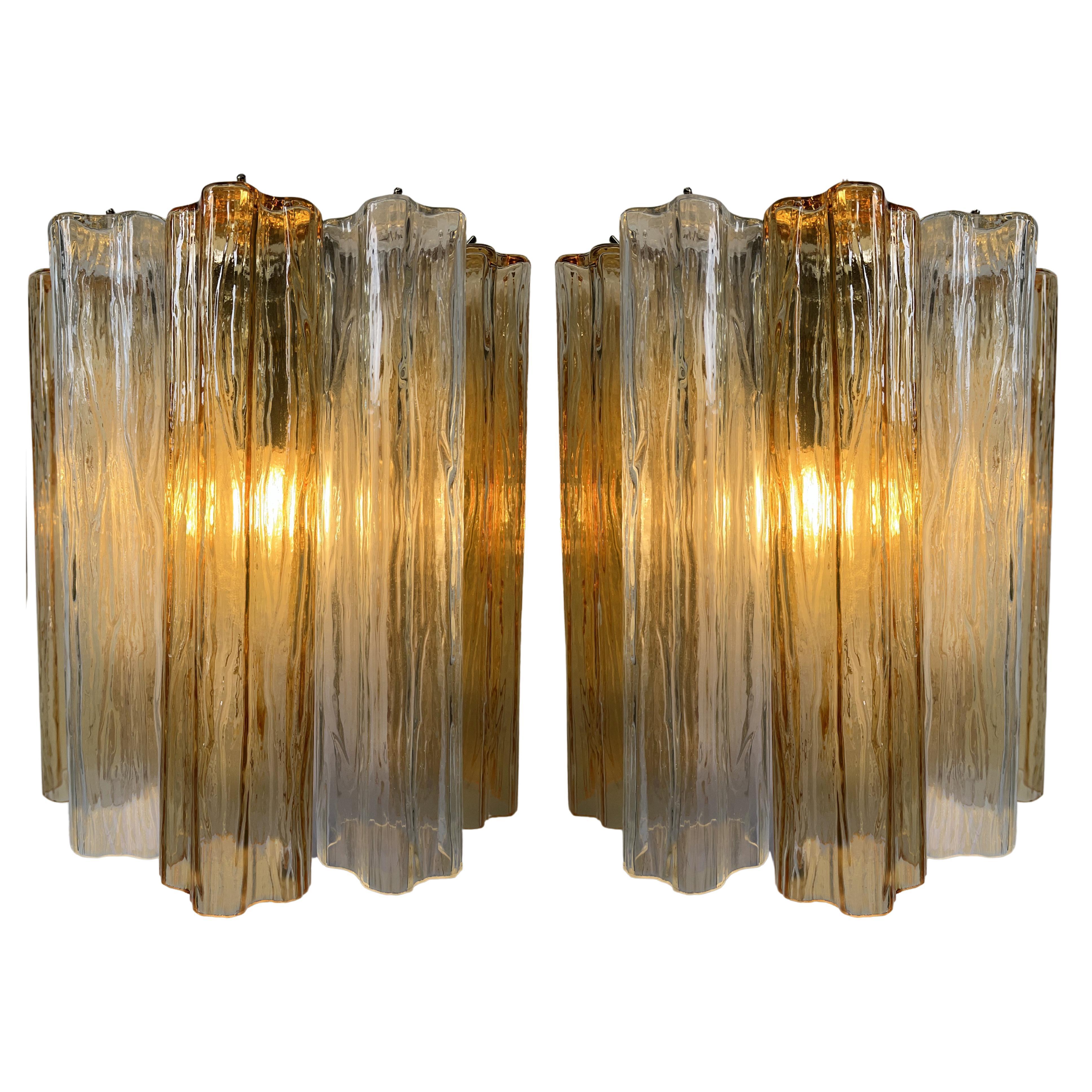 Metal Set of Four Ice and Amber Color Tronchi Sconces Murano