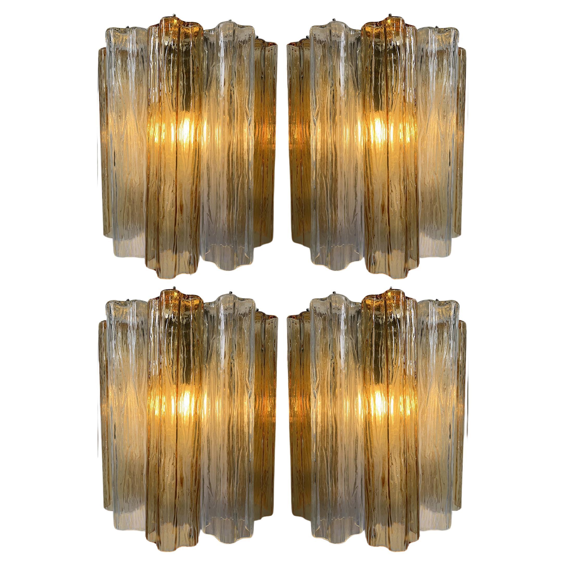 Set of Four Ice and Amber Color Tronchi Sconces Murano