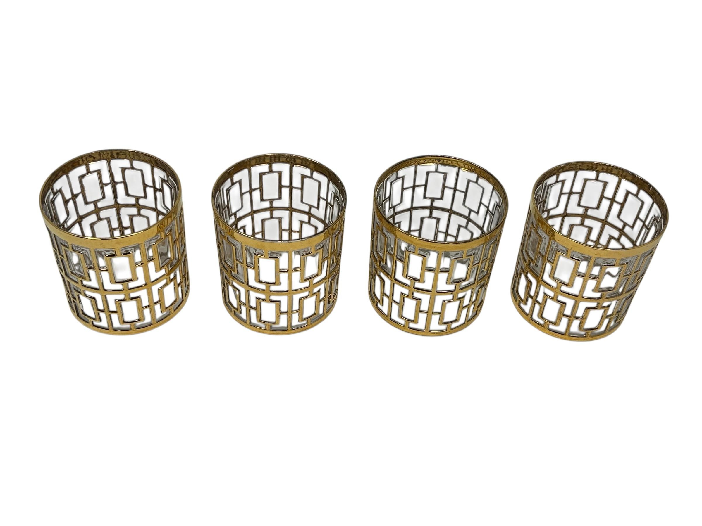 Hollywood Regency Set of Four Imperial Glass Rocks Glass with 22-karat Gold in the “Shoji” pattern For Sale