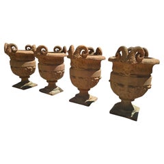 Set of Four Impruneta Terracotta Urns with Faun Heads and Acanthus Leaves, Italy