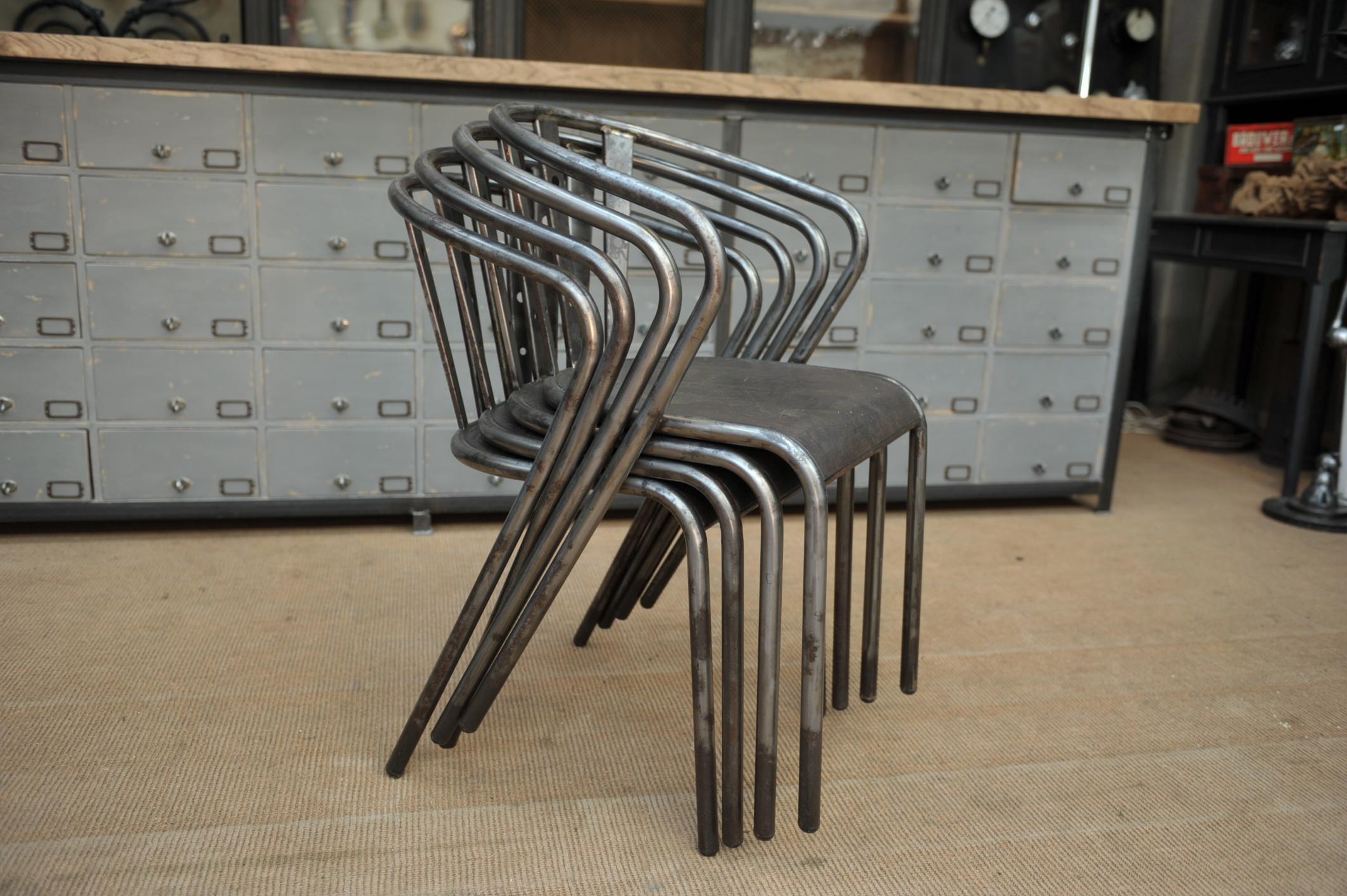 French Set of Four Industrial Iron Chairs, circa 1950 For Sale