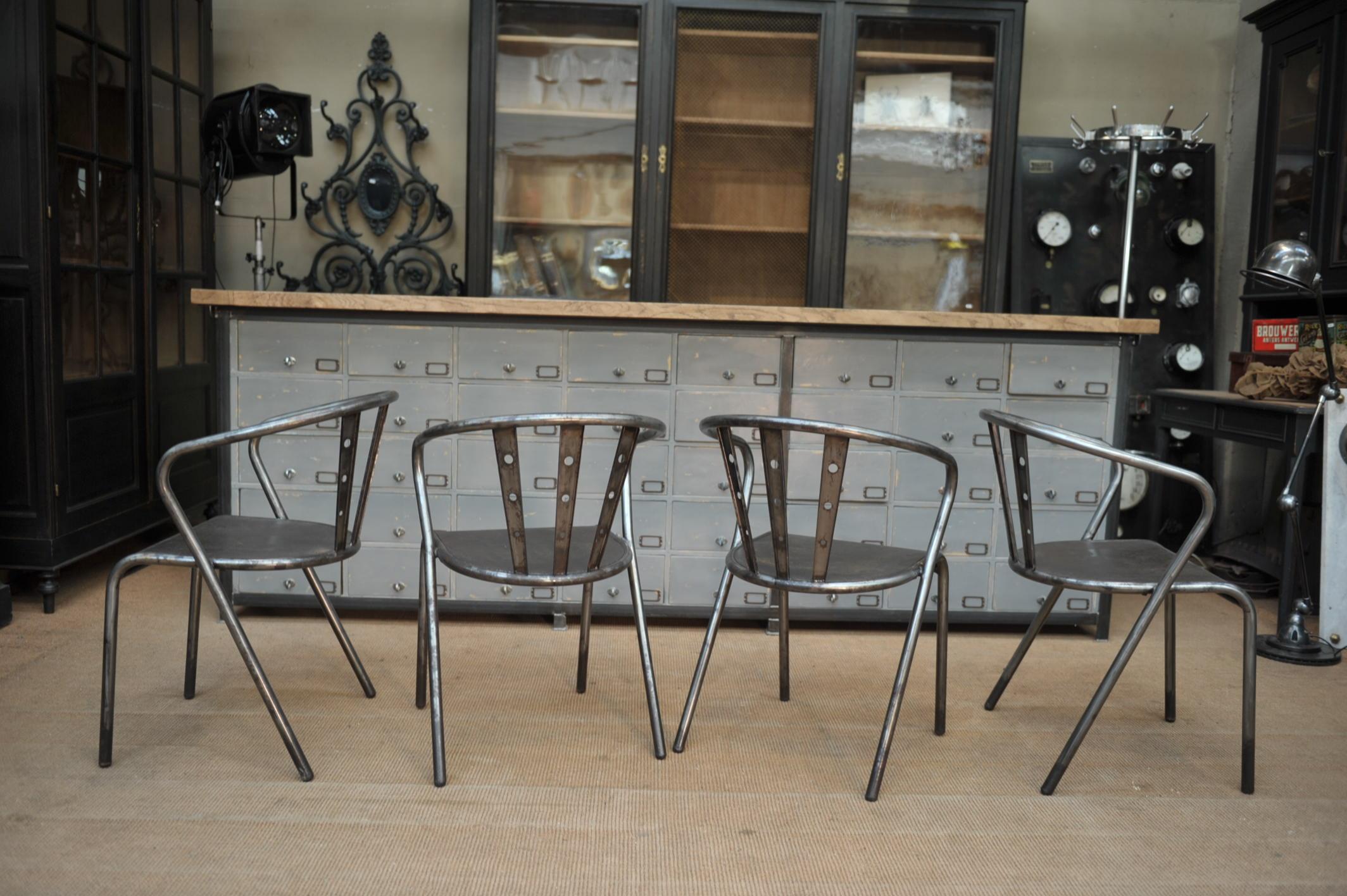 Set of Four Industrial Iron Chairs, circa 1950 For Sale 1