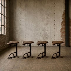 Set Of Four Industrial Machinist Stools, Cast Iron & Pitch Pine C.1900