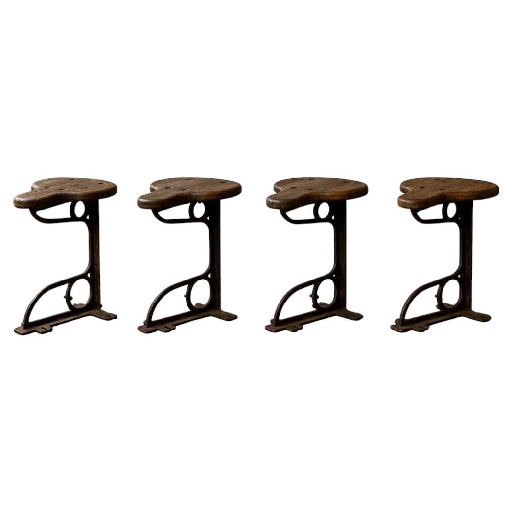 Set Of Four Industrial Machinist Stools, Cast Iron & Pitch Pine C.1900 For Sale