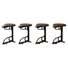 Set Of Four Industrial Machinist Stools, Cast Iron & Pitch Pine C.1900