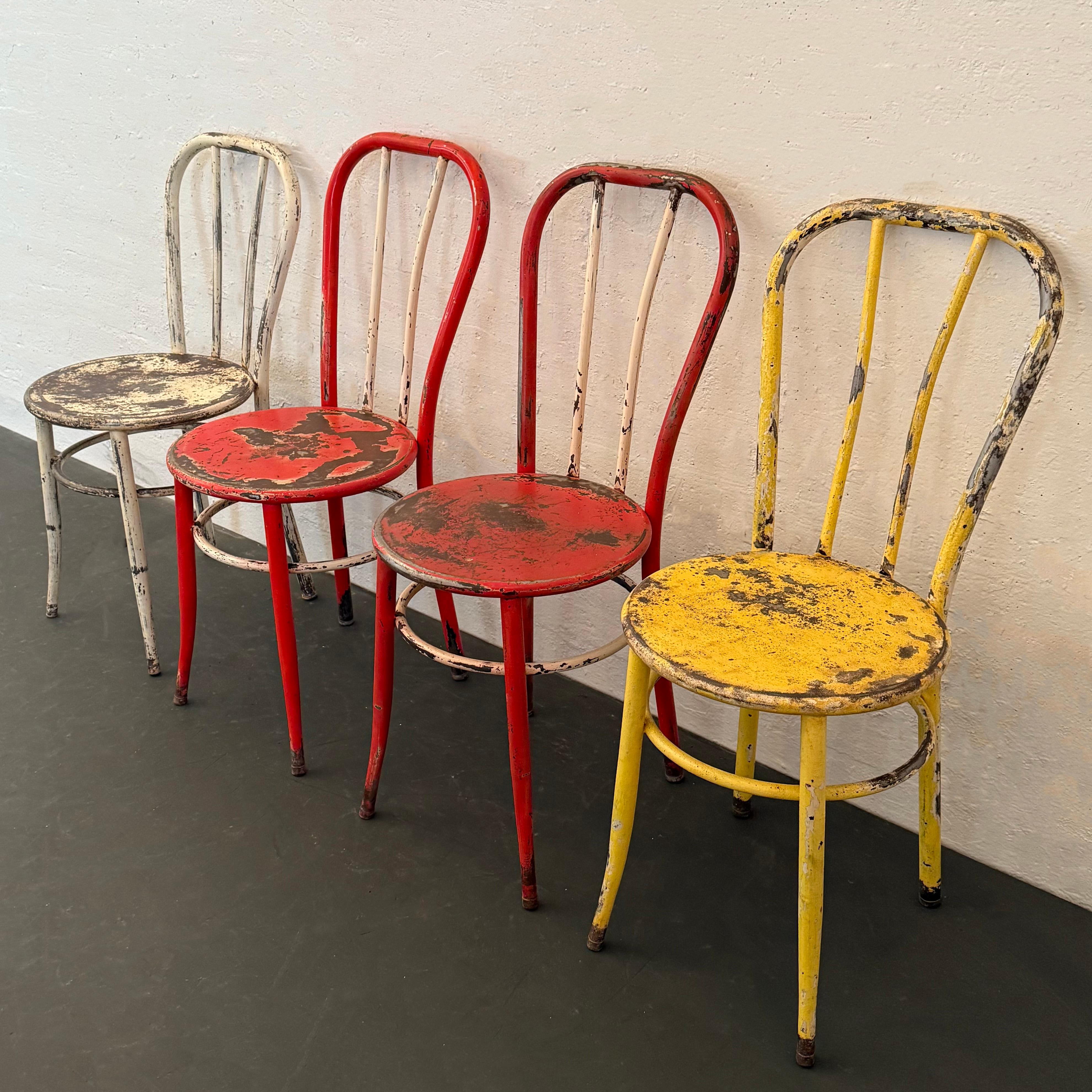 Metal Set Of Four Industrial Painted Steel Café Dining Chairs For Sale