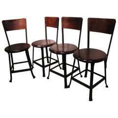 Antique Set of Four Industrial Steel Cafe Bistro Chairs Wood Seats & Backs, circa 191