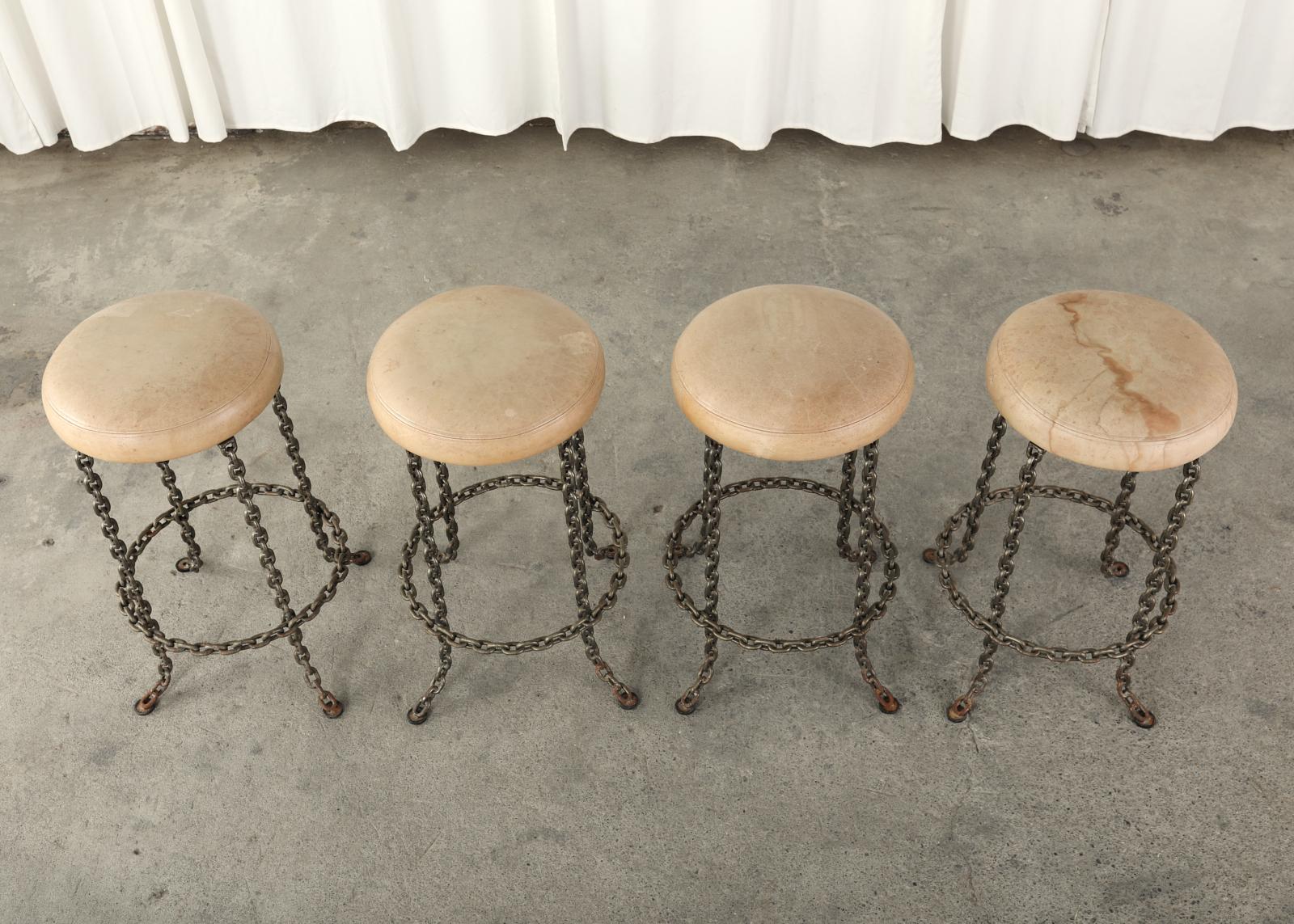 Welded Set of Four Industrial Style Chain Link Swivel Barstools