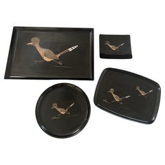 Vintage Set of Four Inlaid "Roadrunner" Trays by Couroc California