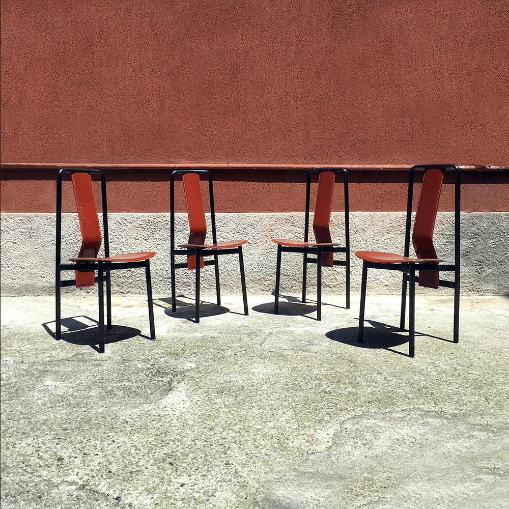 Set of four Irma chairs by Achille Castiglioni for Zanotta, 1979
Structure in tubular steel fire-painted in black, with back and seat in nylon covered with leather.
Good condition, defects on the backrests.
Measures: 45 x 50 x 90 H.