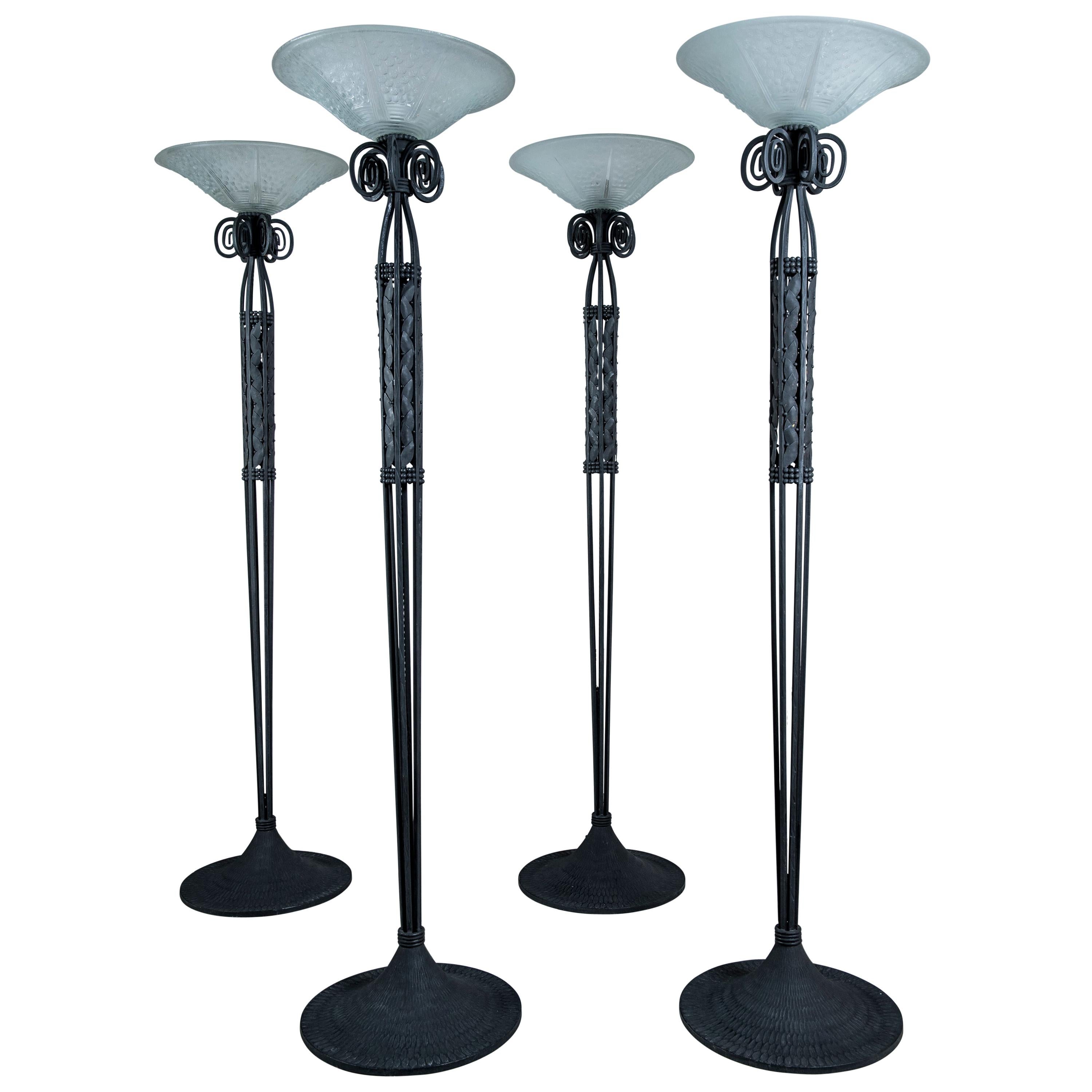 Set of Four Iron and Glass Floor Lamps Signed Müller Frères Luneville For Sale