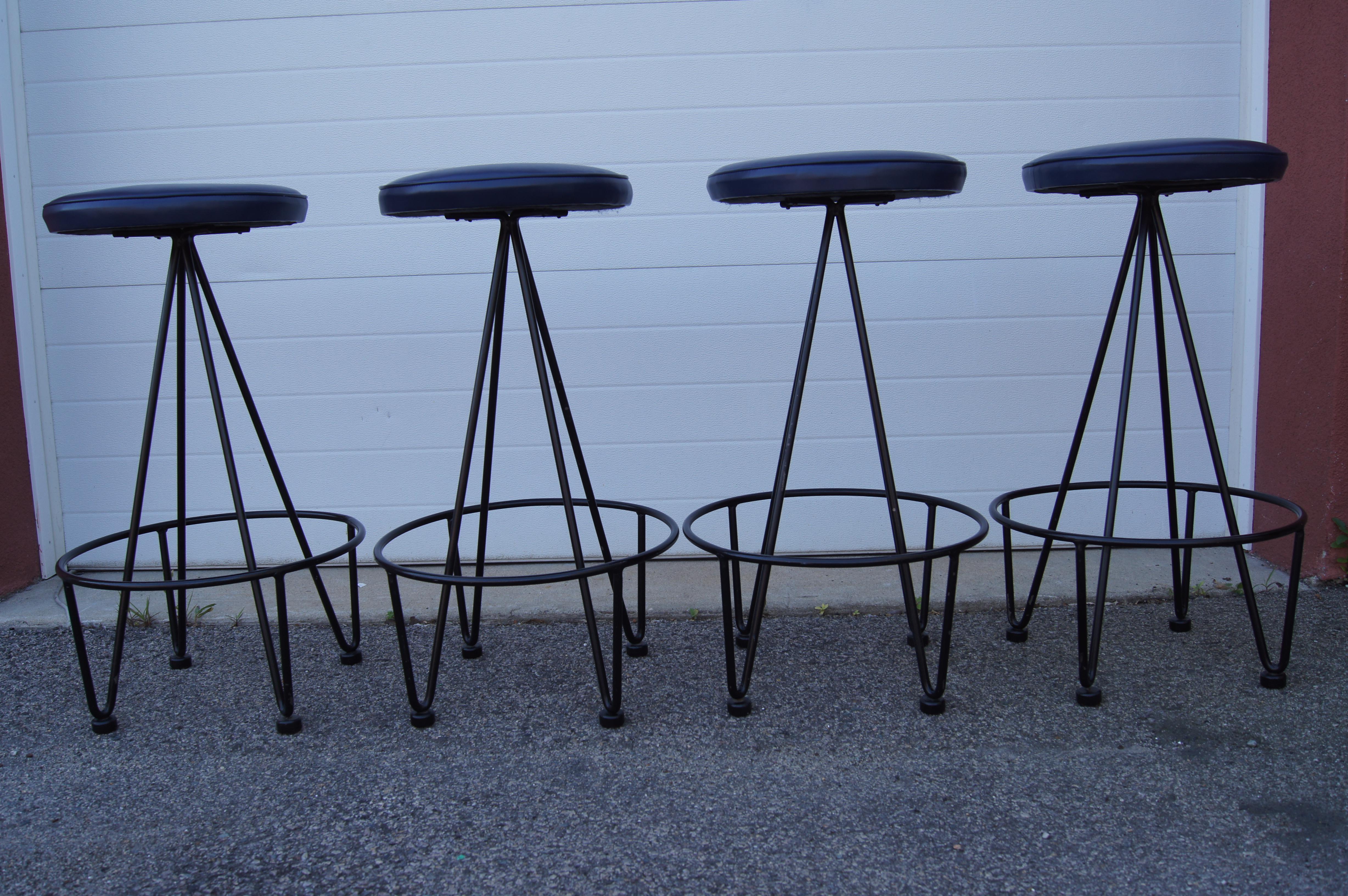 Mid-Century Modern Set of Four Iron and Leather Bar Stools by Frederic Weinberg