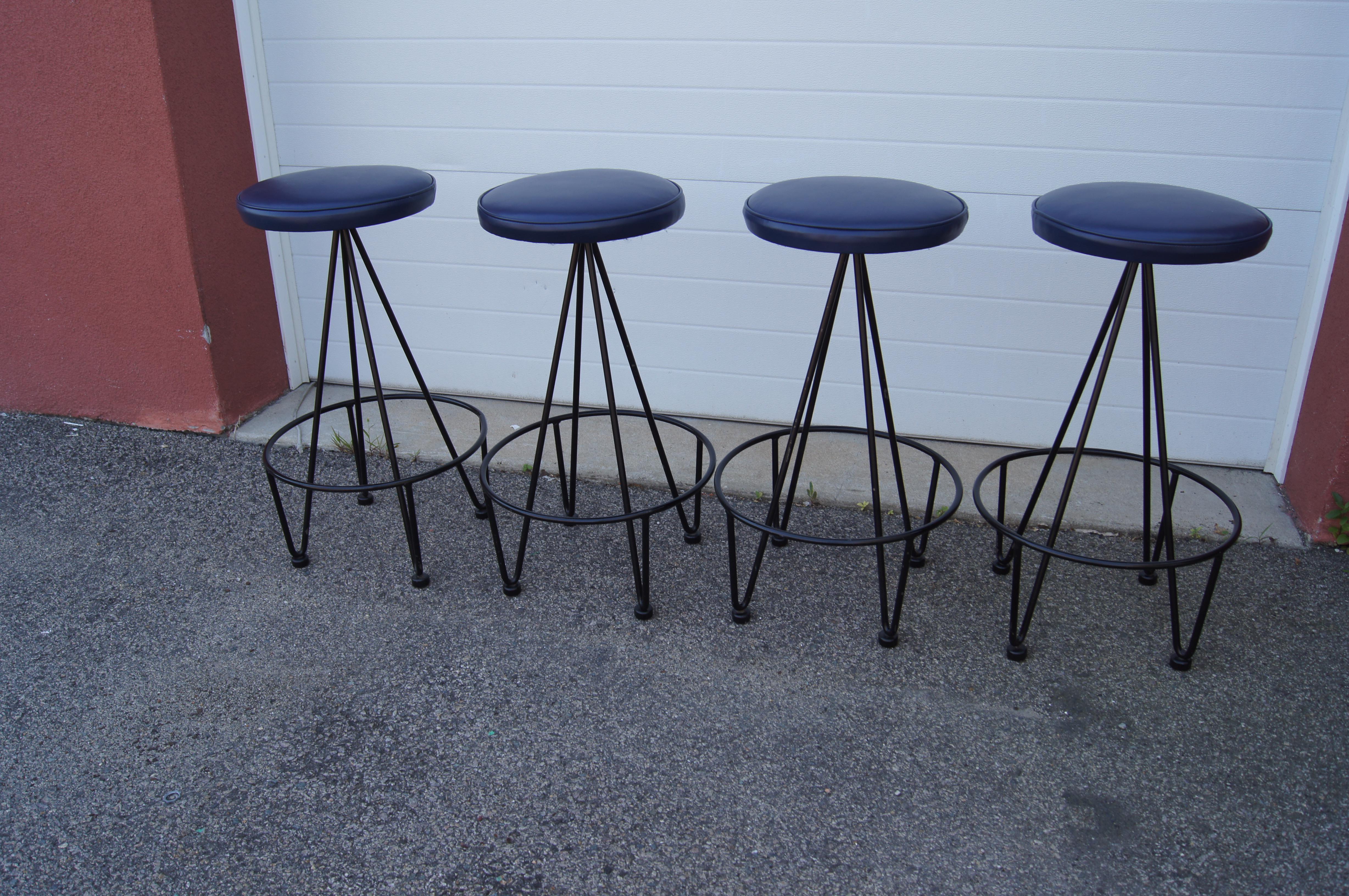 American Set of Four Iron and Leather Bar Stools by Frederic Weinberg